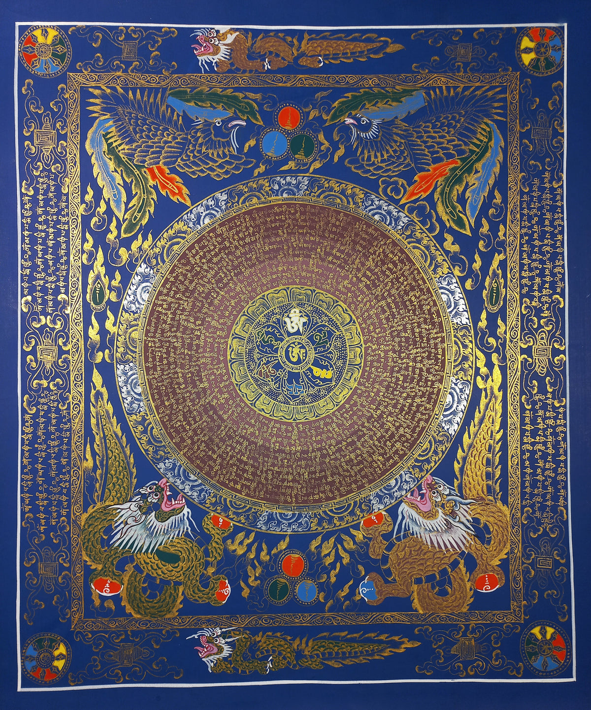 Hand-Painted Om Mantra Mandala Thangka with Dragon Surrounding Design | Traditional Buddhist Art from Nepal