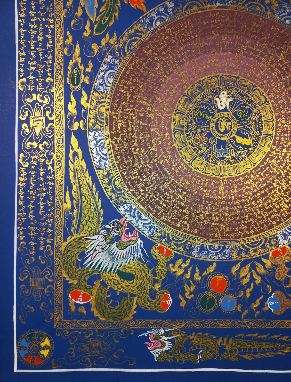 Hand-Painted Om Mantra Mandala Thangka with Dragon Surrounding Design | Traditional Buddhist Art from Nepal