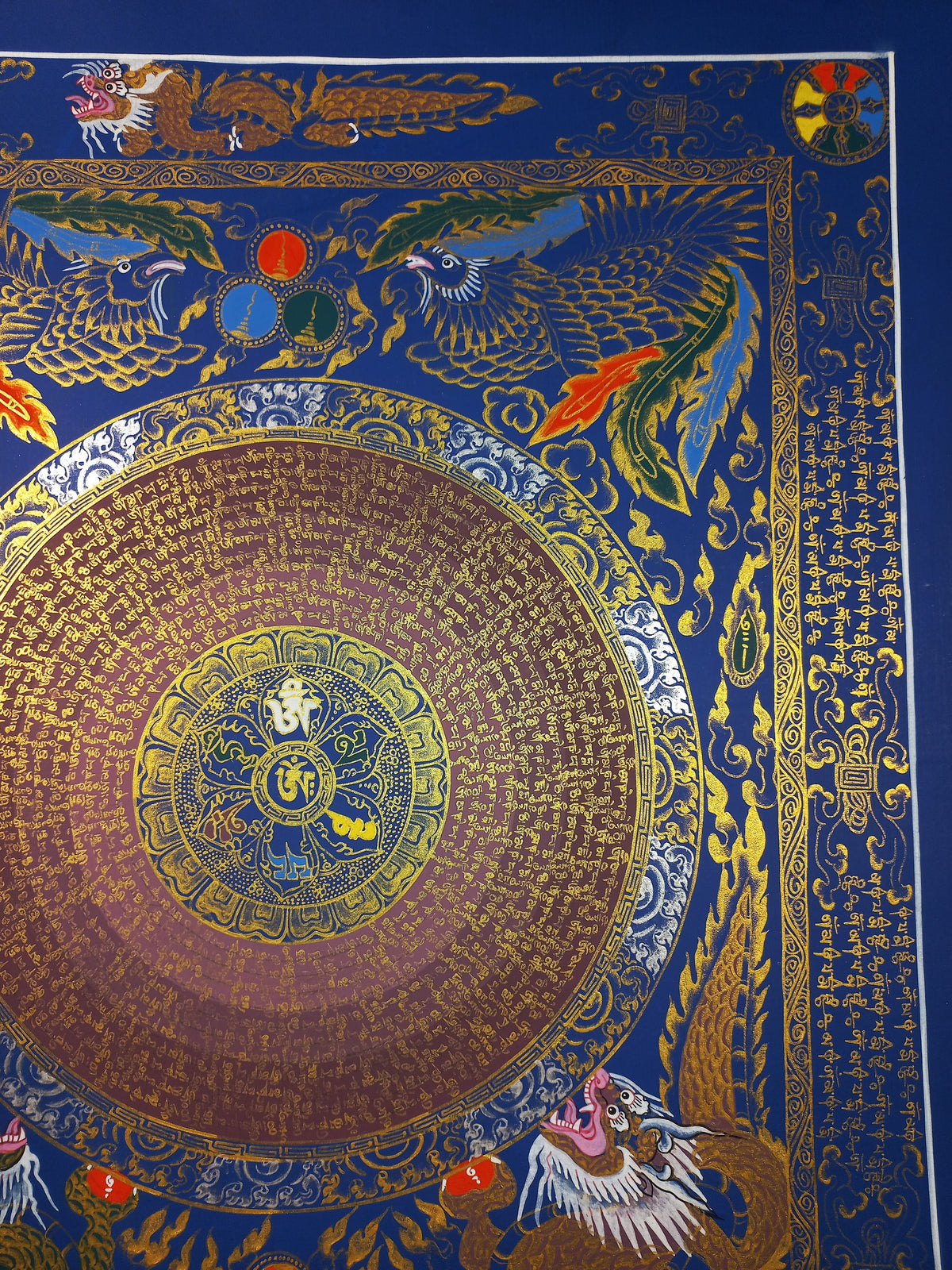 Hand-Painted Om Mantra Mandala Thangka with Dragon Surrounding Design | Traditional Buddhist Art from Nepal