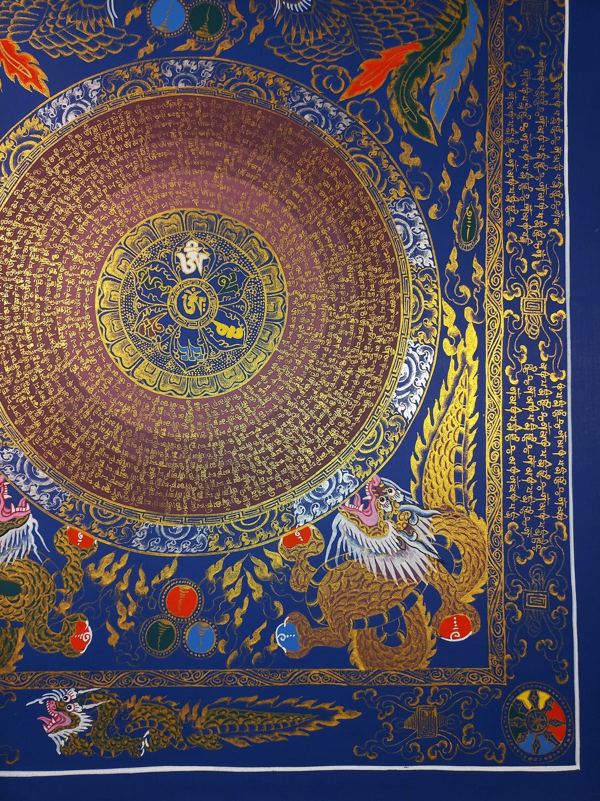 Hand-Painted Om Mantra Mandala Thangka with Dragon Surrounding Design | Traditional Buddhist Art from Nepal