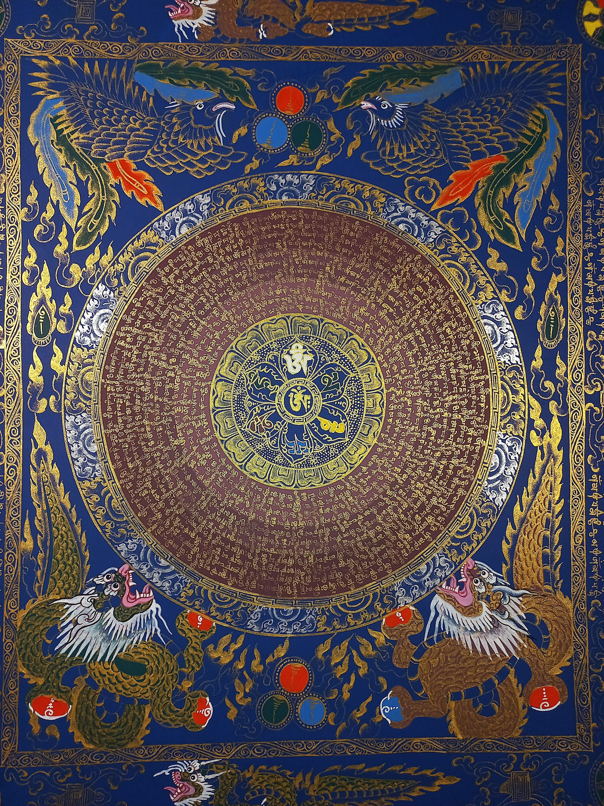 Hand-Painted Om Mantra Mandala Thangka with Dragon Surrounding Design | Traditional Buddhist Art from Nepal
