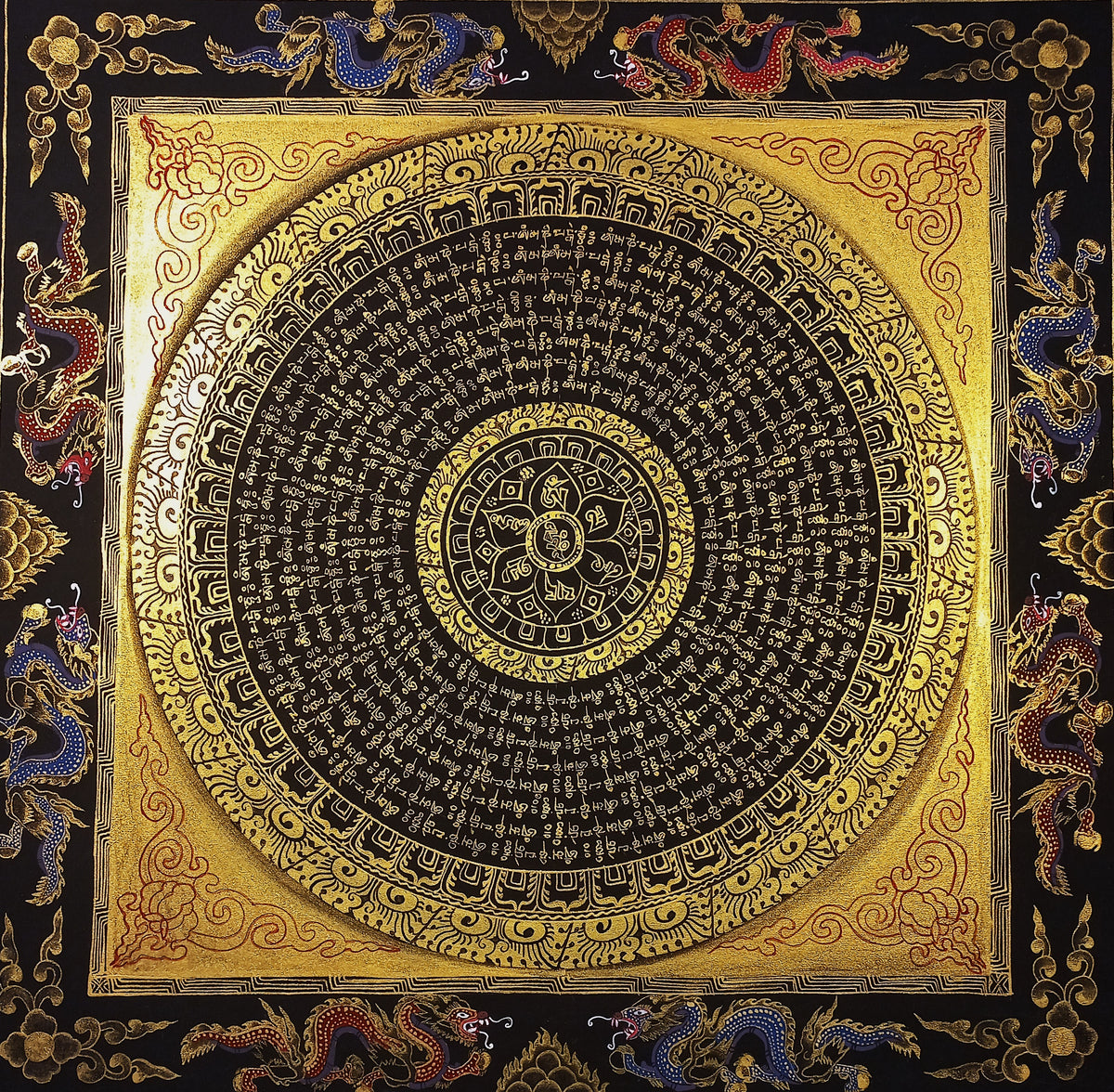 Hand-Painted Om Mantra Mandala Thangka with Dragon Surrounding Design | Traditional Buddhist Art from Nepal