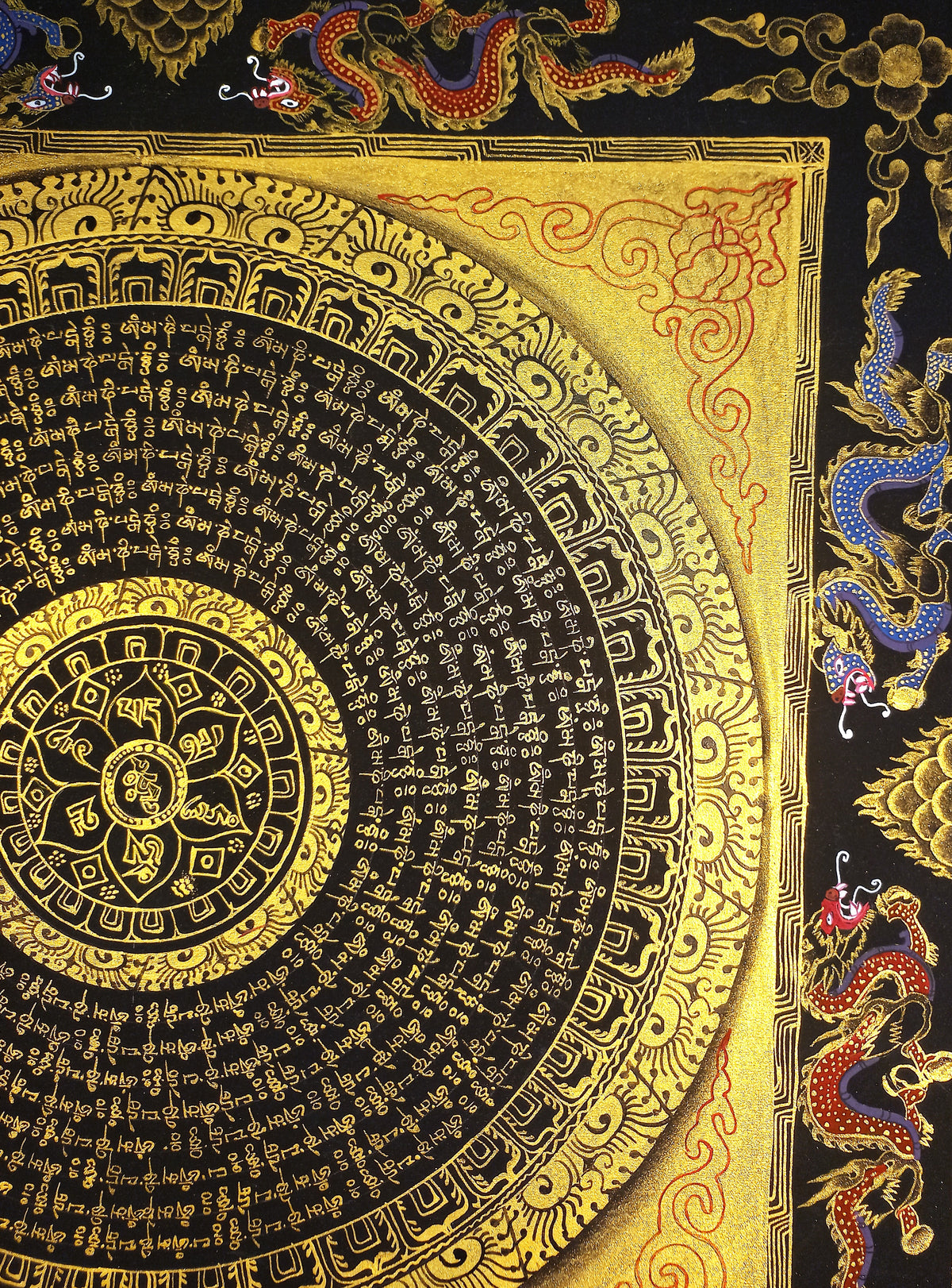Hand-Painted Om Mantra Mandala Thangka with Dragon Surrounding Design | Traditional Buddhist Art from Nepal