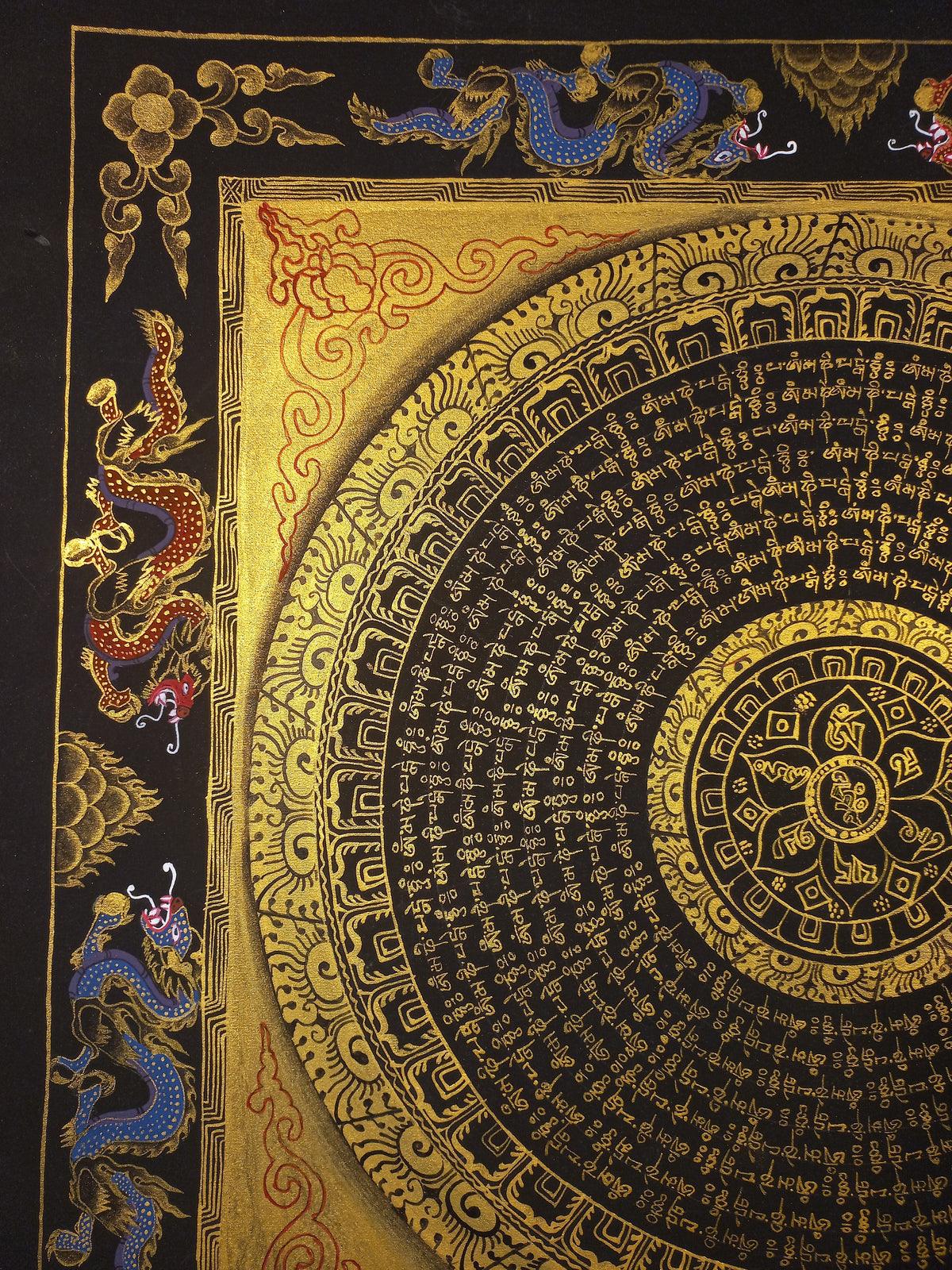 Hand-Painted Om Mantra Mandala Thangka with Dragon Surrounding Design | Traditional Buddhist Art from Nepal