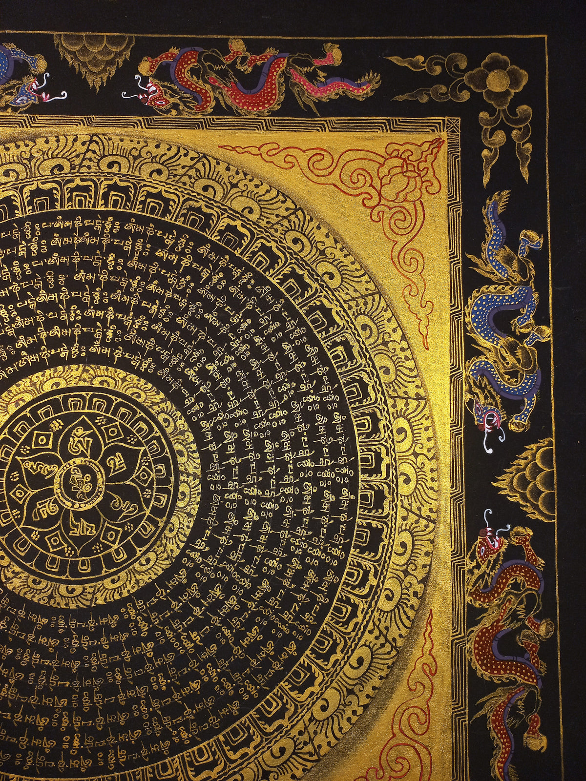 Hand-Painted Om Mantra Mandala Thangka with Dragon Surrounding Design | Traditional Buddhist Art from Nepal