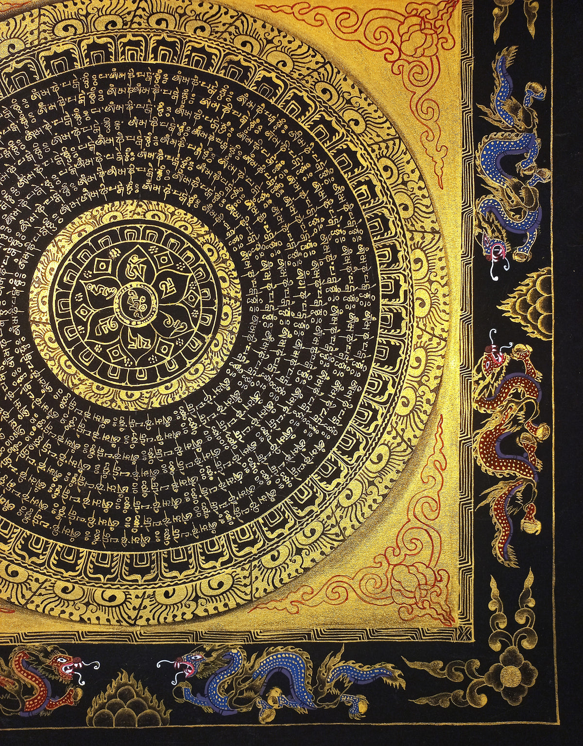 Hand-Painted Om Mantra Mandala Thangka with Dragon Surrounding Design | Traditional Buddhist Art from Nepal