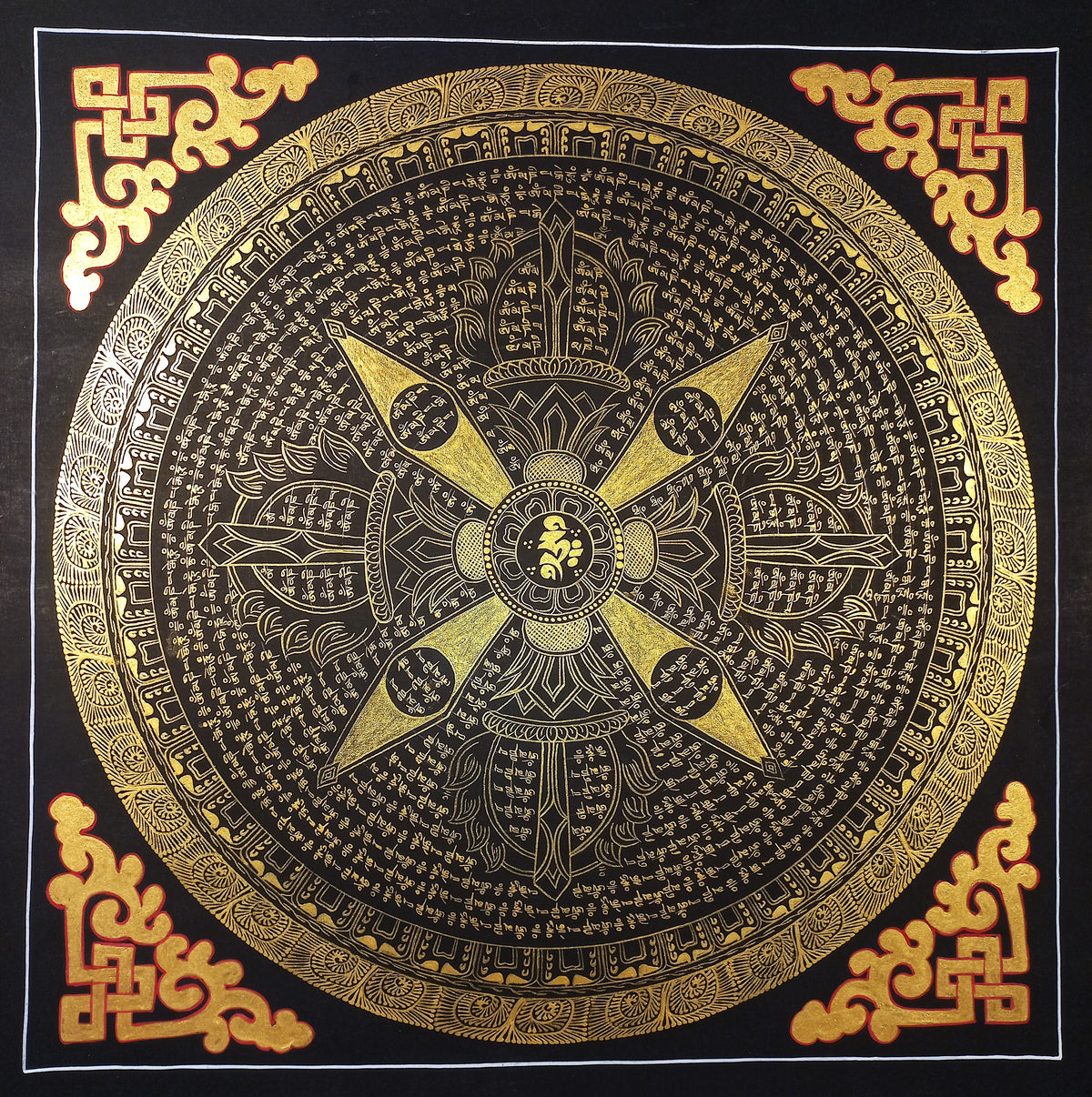 Hand-Painted Om Mantra Mandala Thangka