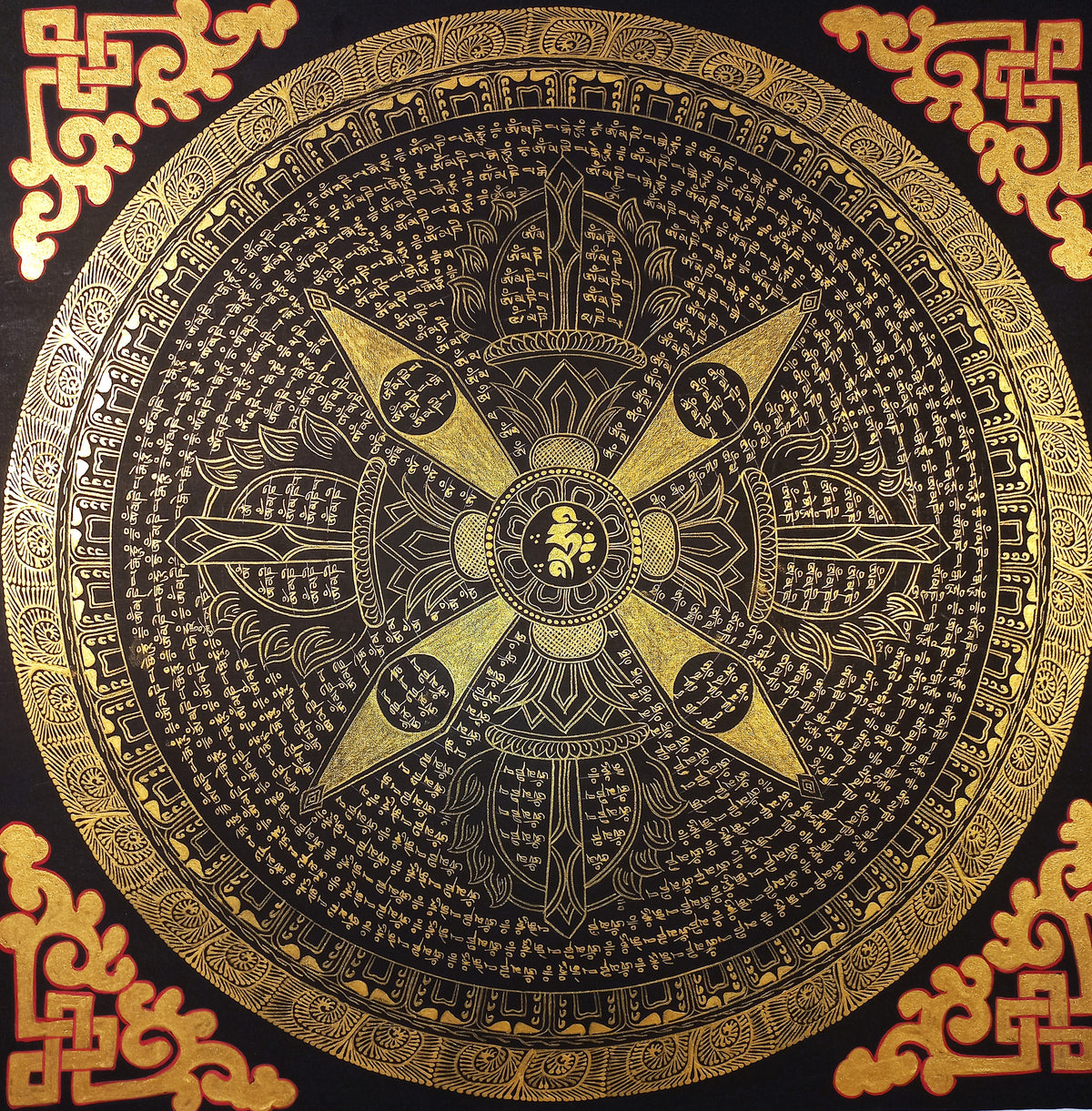 Hand-Painted Om Mantra Mandala Thangka