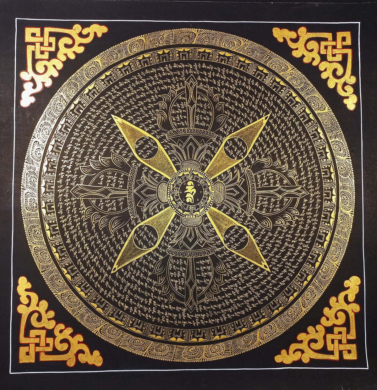 Hand-Painted Om Mantra Mandala Thangka