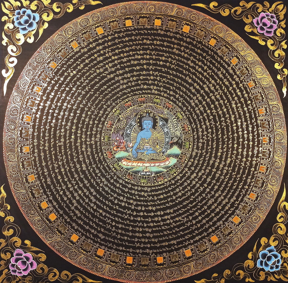 Medicine Buddha Mantra Mandala | Hand-Painted Fine Thangka | Sacred Buddhist Art from Nepal