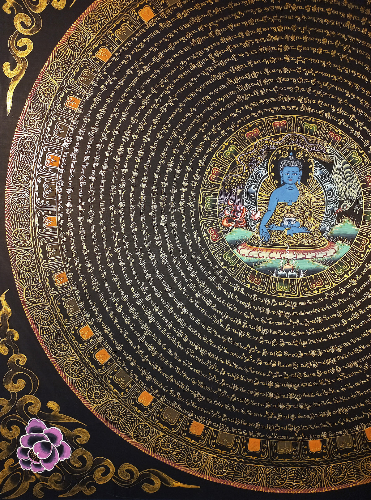 Medicine Buddha Mantra Mandala | Hand-Painted Fine Thangka | Sacred Buddhist Art from Nepal
