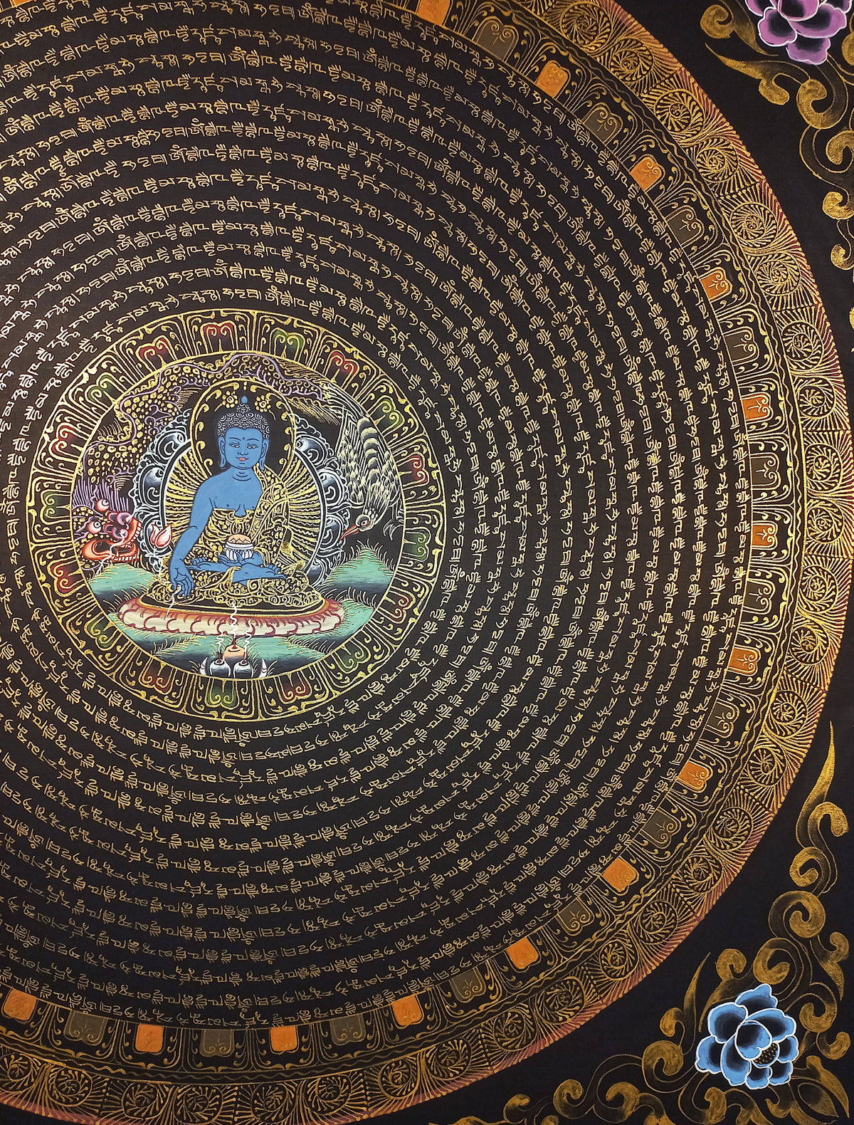 Medicine Buddha Mantra Mandala | Hand-Painted Fine Thangka | Sacred Buddhist Art from Nepal