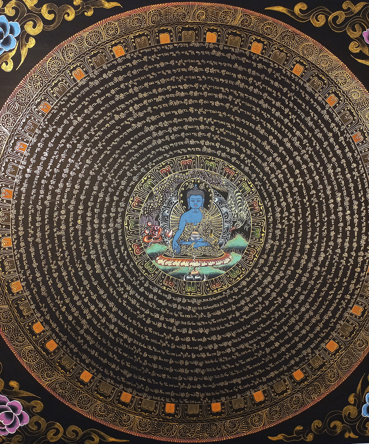 Medicine Buddha Mantra Mandala | Hand-Painted Fine Thangka | Sacred Buddhist Art from Nepal