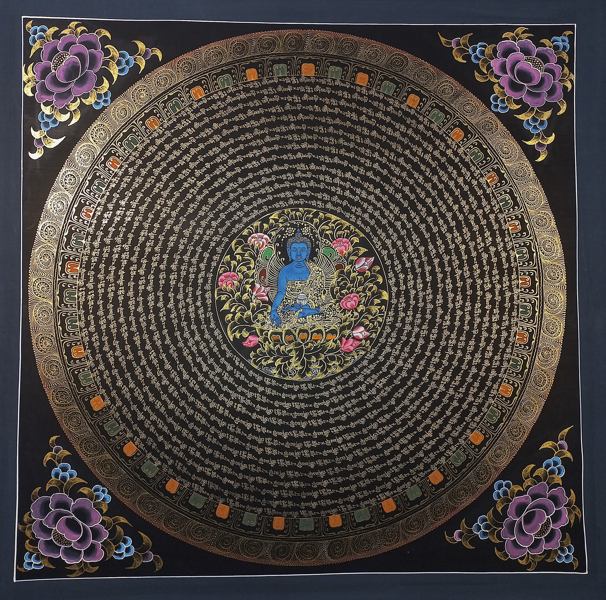 Medicine Buddha Mantra Mandala | Hand-Painted Fine Thangka | Sacred Buddhist Art from Nepal