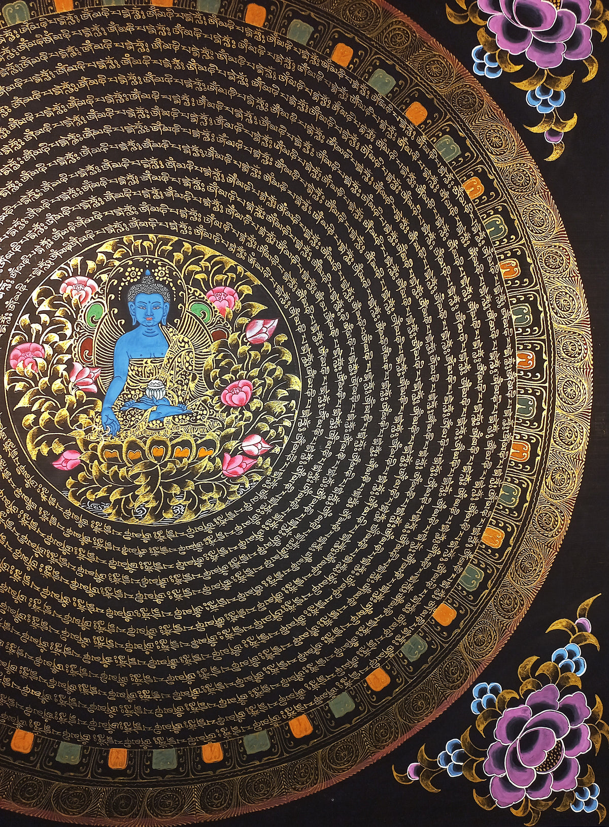 Medicine Buddha Mantra Mandala | Hand-Painted Fine Thangka | Sacred Buddhist Art from Nepal