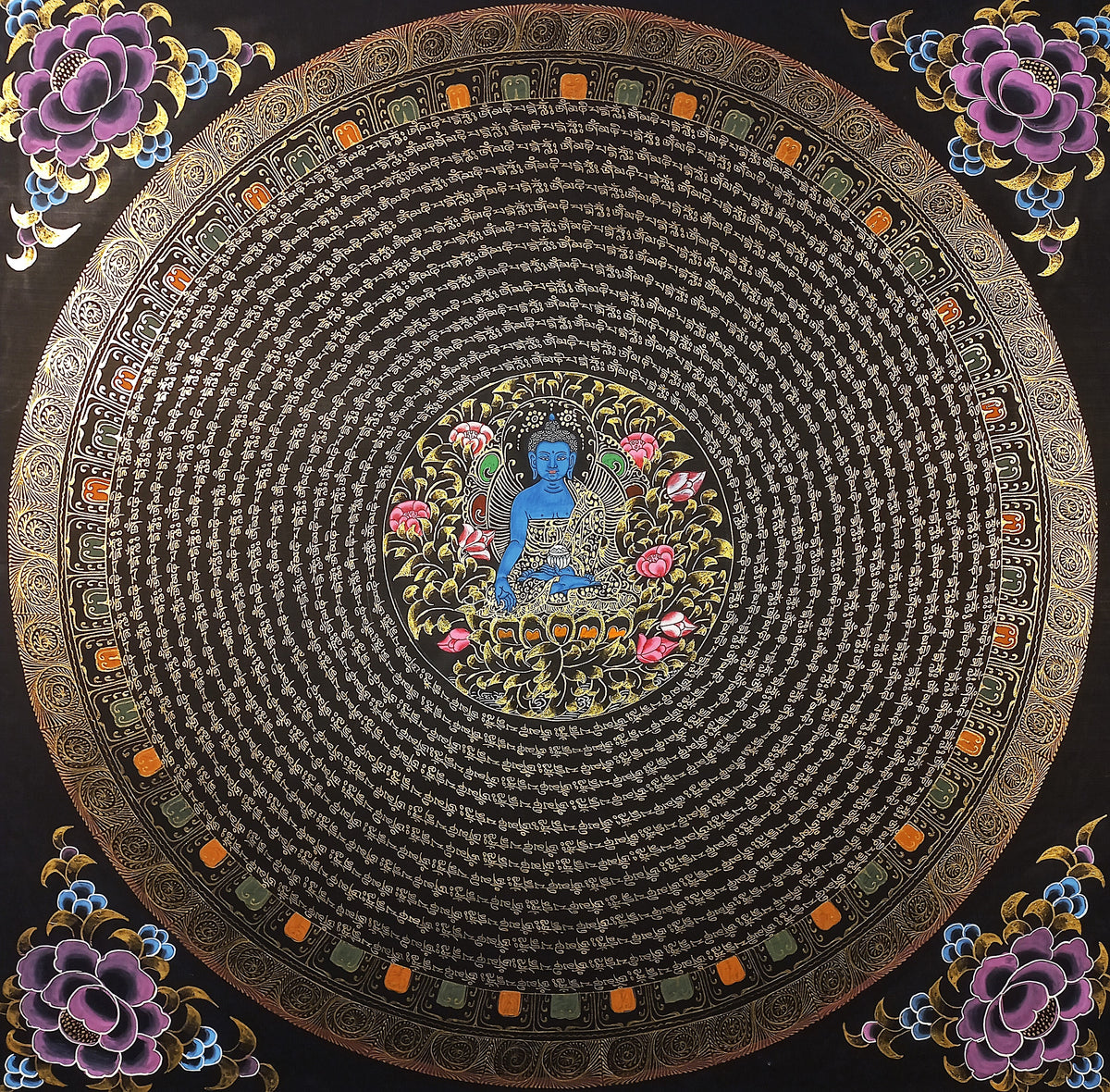 Medicine Buddha Mantra Mandala | Hand-Painted Fine Thangka | Sacred Buddhist Art from Nepal