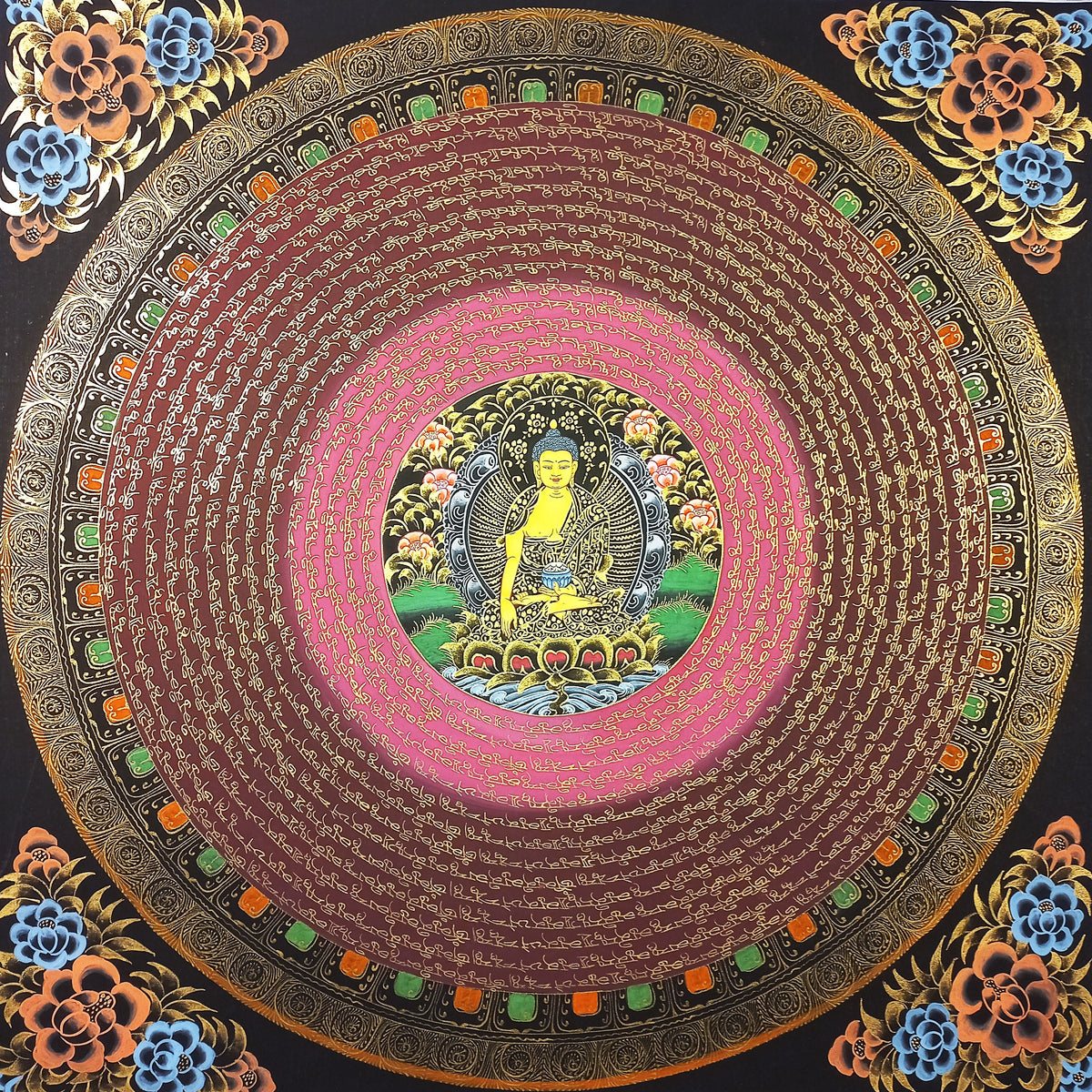 Shakyamuni Buddha Mantra Mandala | Hand-Painted Fine Thangka | Sacred Buddhist Art from Nepal