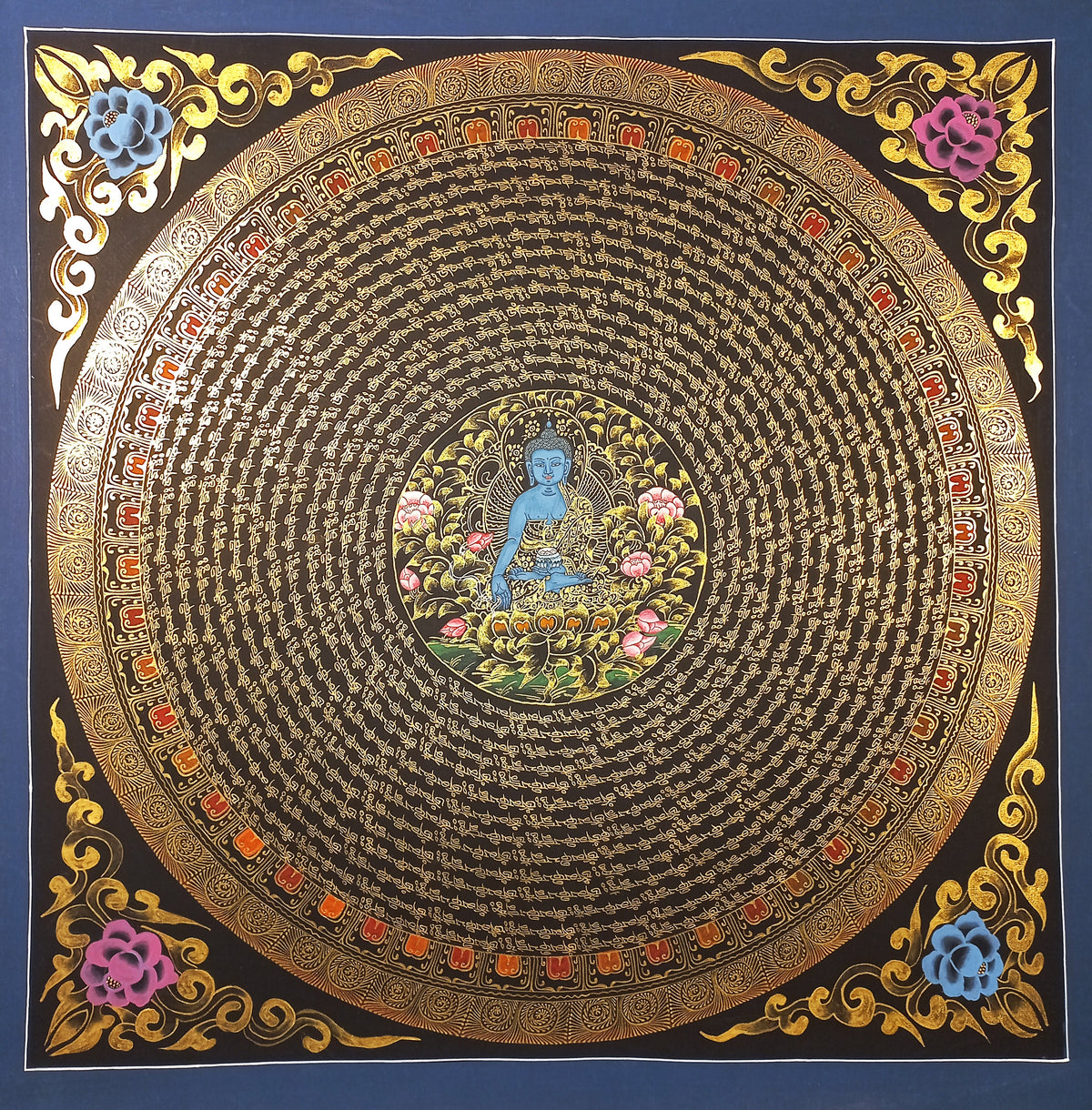 Medicine Buddha Mantra Mandala | Hand-Painted Fine Thangka | Sacred Buddhist Art from Nepal