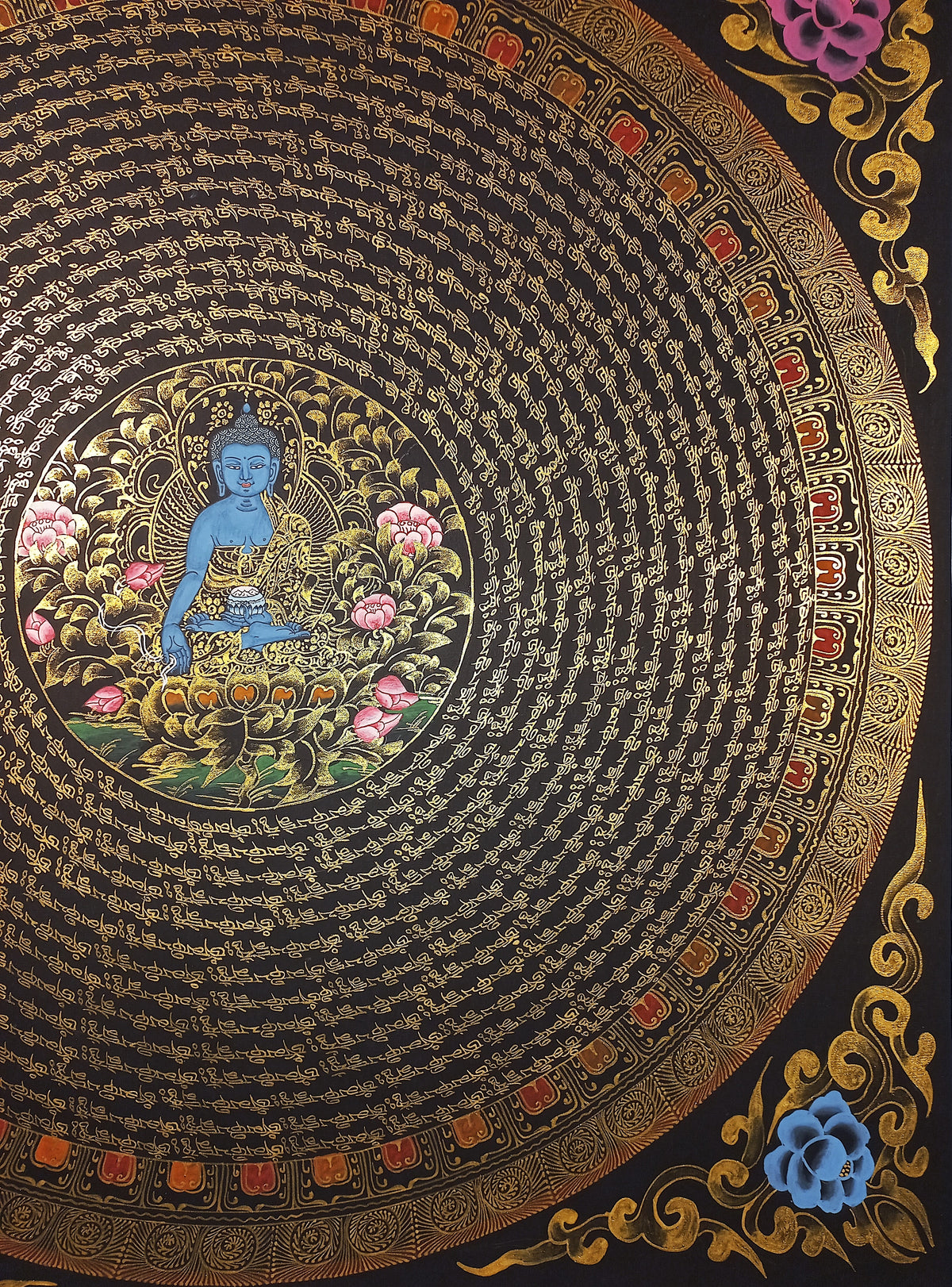 Medicine Buddha Mantra Mandala | Hand-Painted Fine Thangka | Sacred Buddhist Art from Nepal