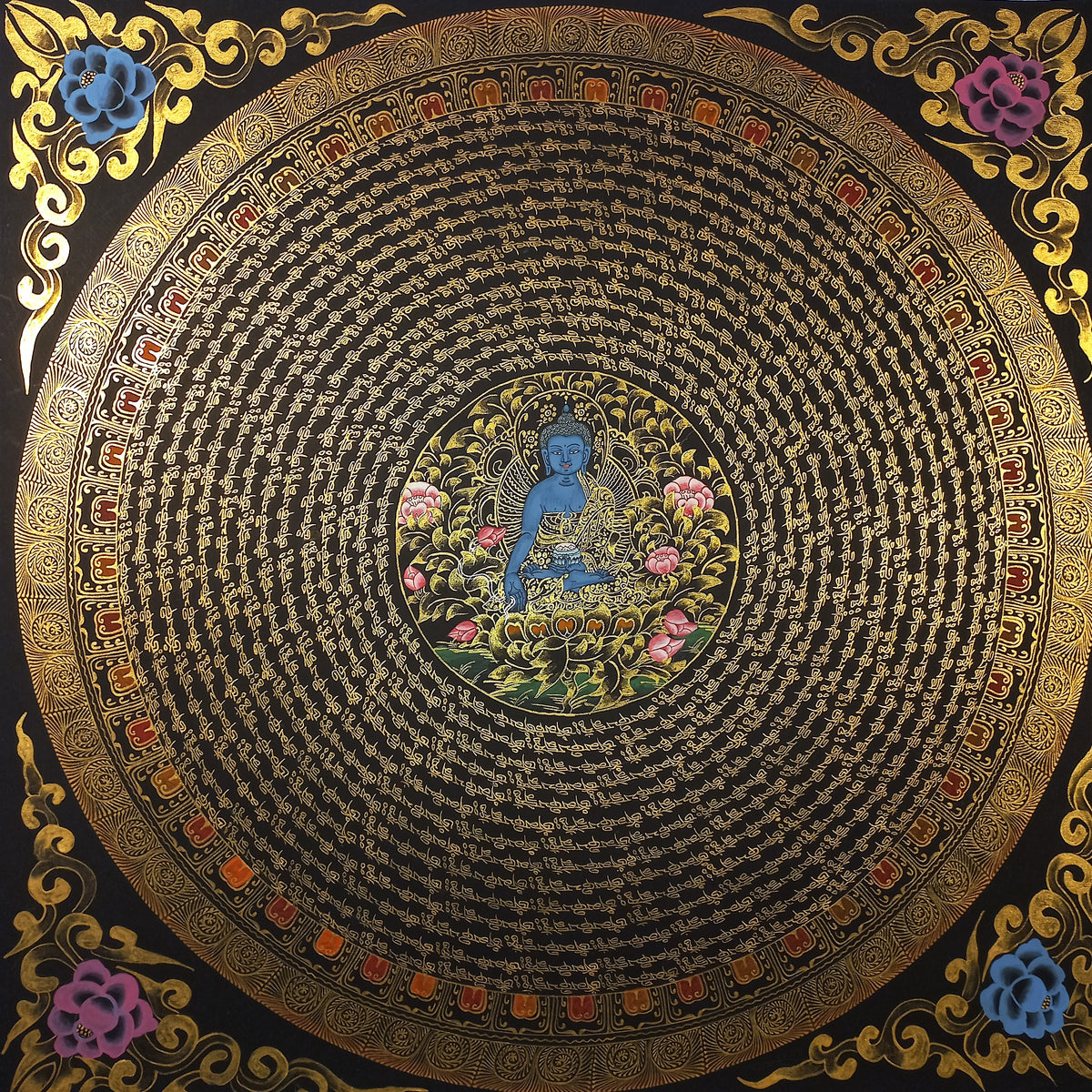 Medicine Buddha Mantra Mandala | Hand-Painted Fine Thangka | Sacred Buddhist Art from Nepal