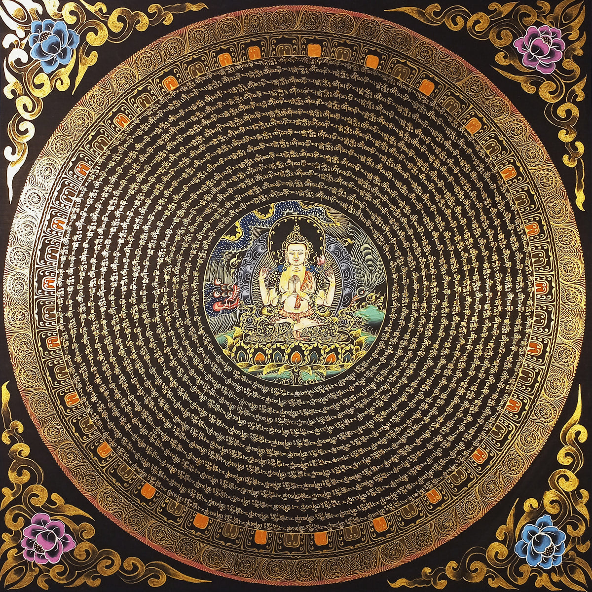 Chenrezig Mantra Mandala | Hand-Painted Fine Thangka | Sacred Buddhist Art from Nepal