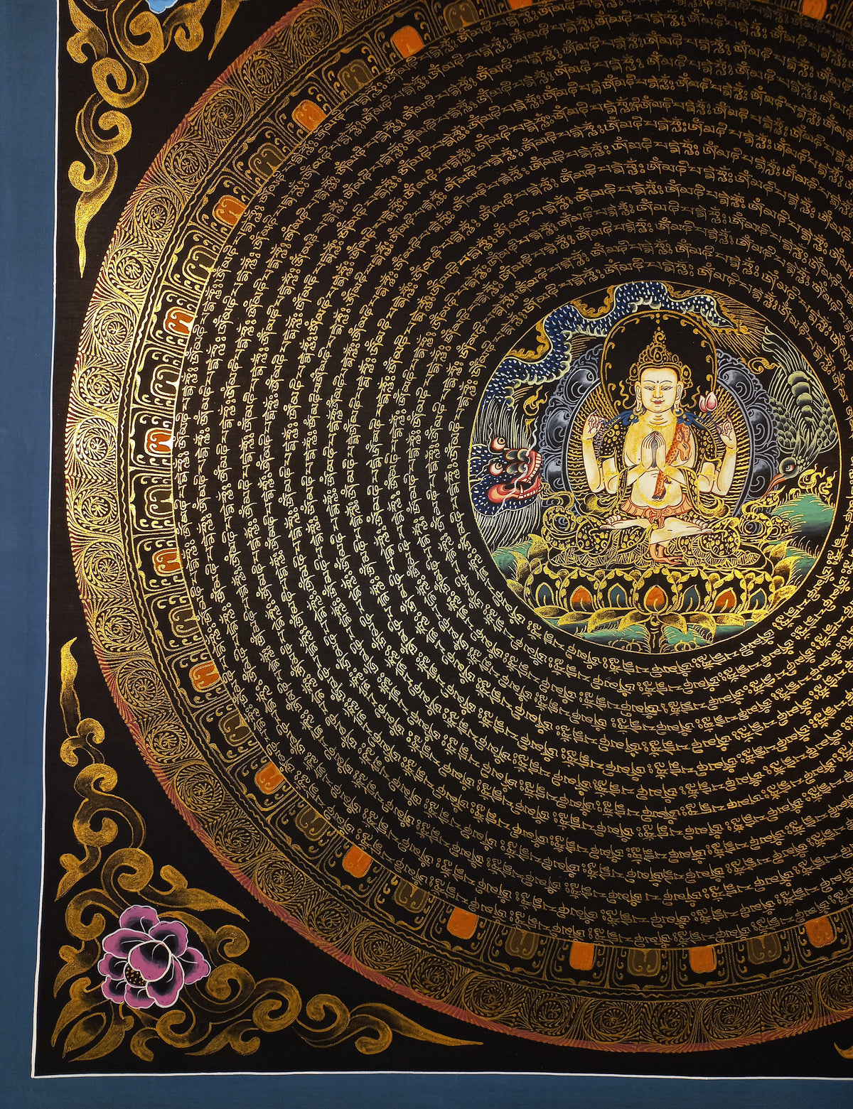 Chenrezig Mantra Mandala | Hand-Painted Fine Thangka | Sacred Buddhist Art from Nepal
