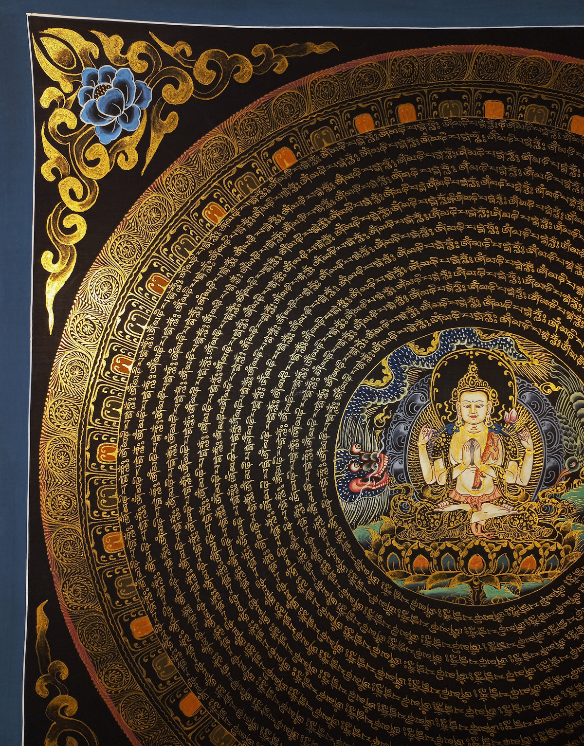 Chenrezig Mantra Mandala | Hand-Painted Fine Thangka | Sacred Buddhist Art from Nepal