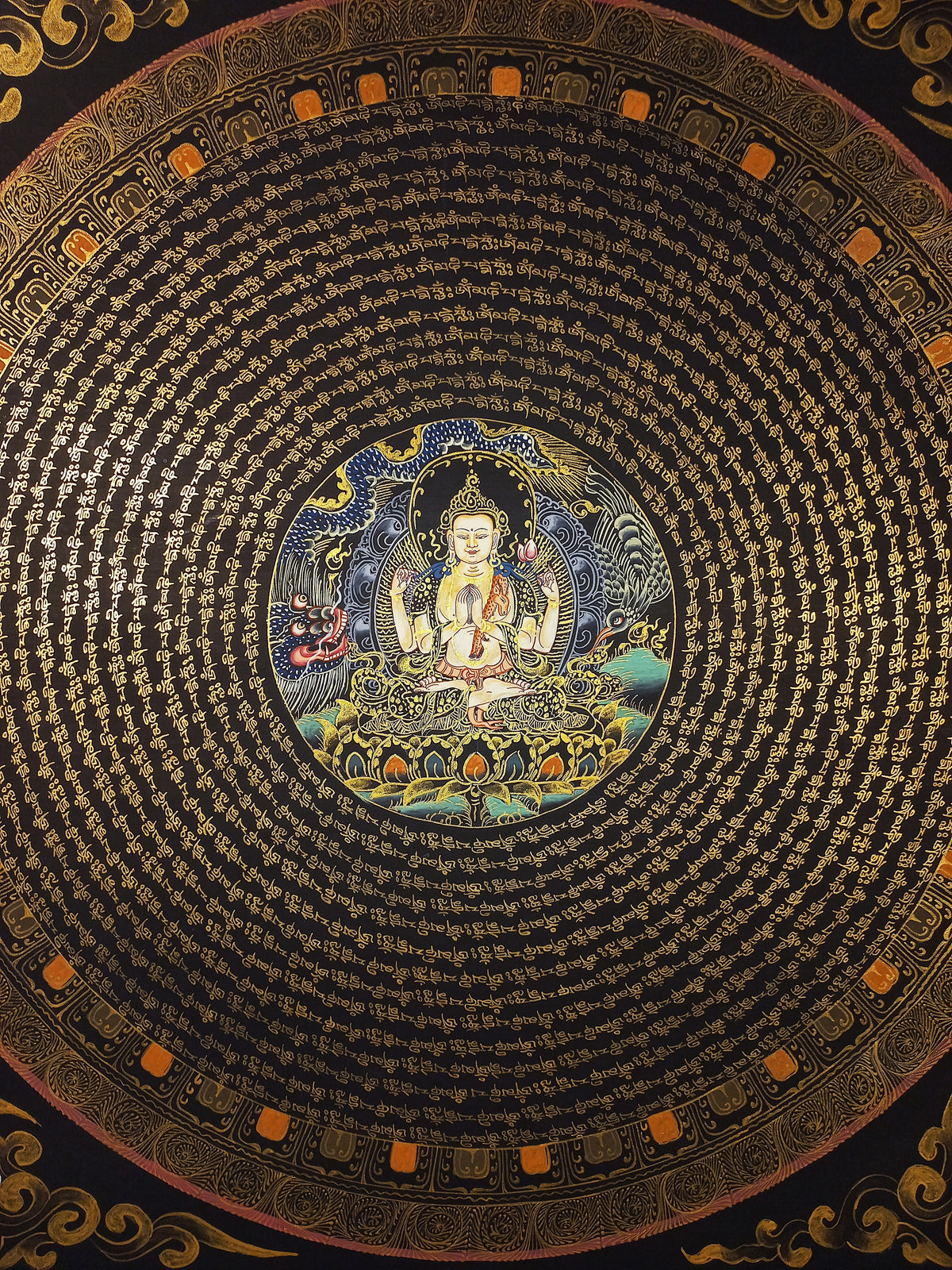 Chenrezig Mantra Mandala | Hand-Painted Fine Thangka | Sacred Buddhist Art from Nepal