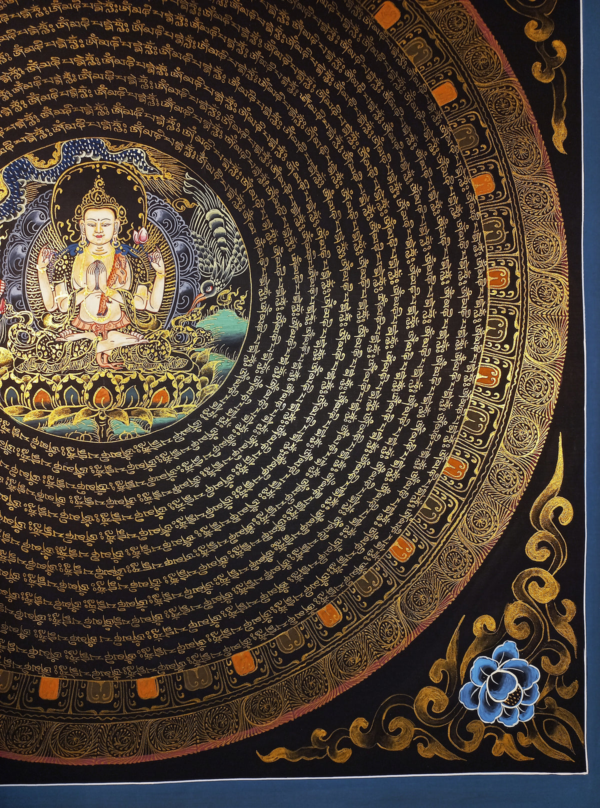 Chenrezig Mantra Mandala | Hand-Painted Fine Thangka | Sacred Buddhist Art from Nepal