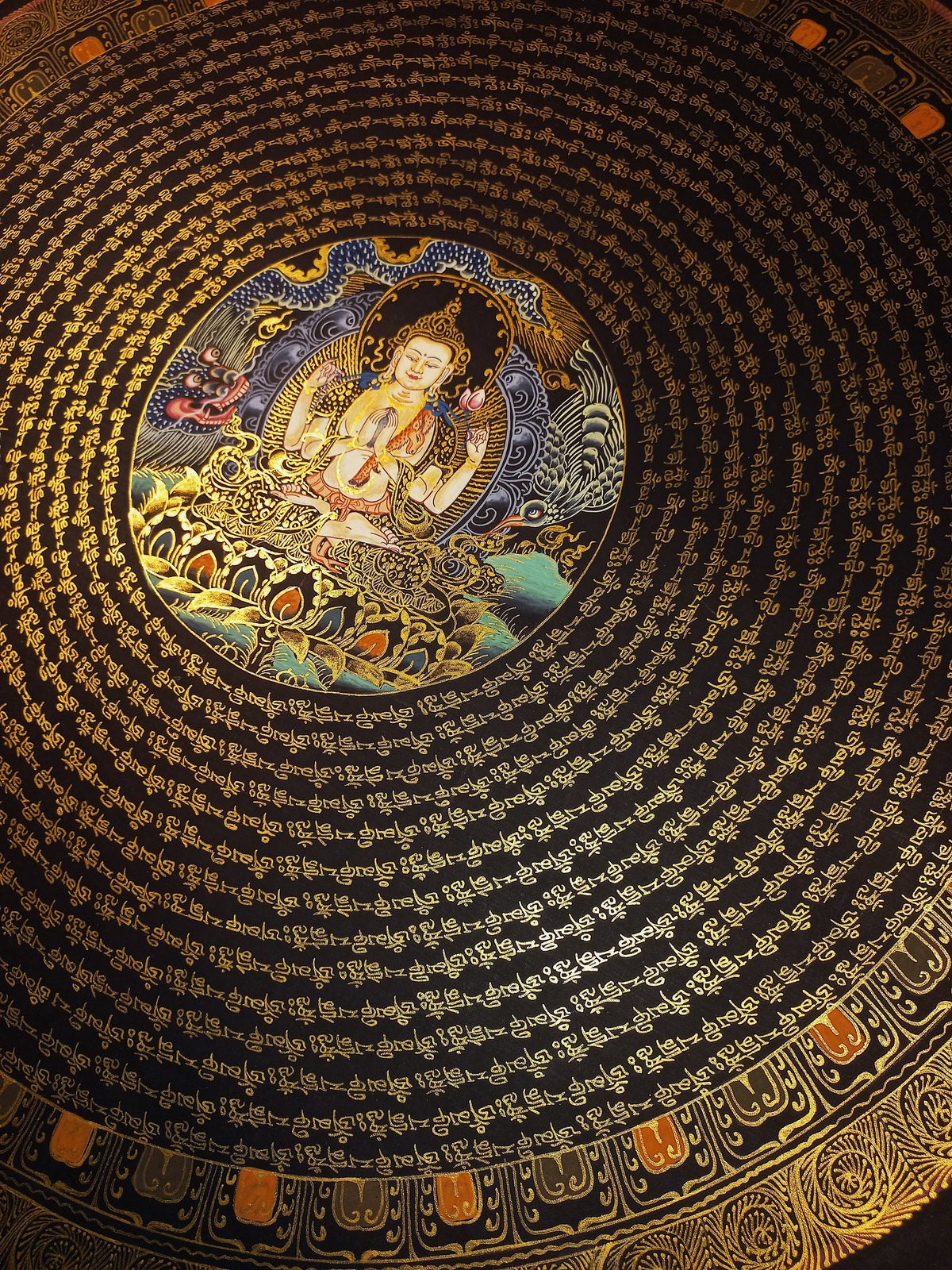 Chenrezig Mantra Mandala | Hand-Painted Fine Thangka | Sacred Buddhist Art from Nepal