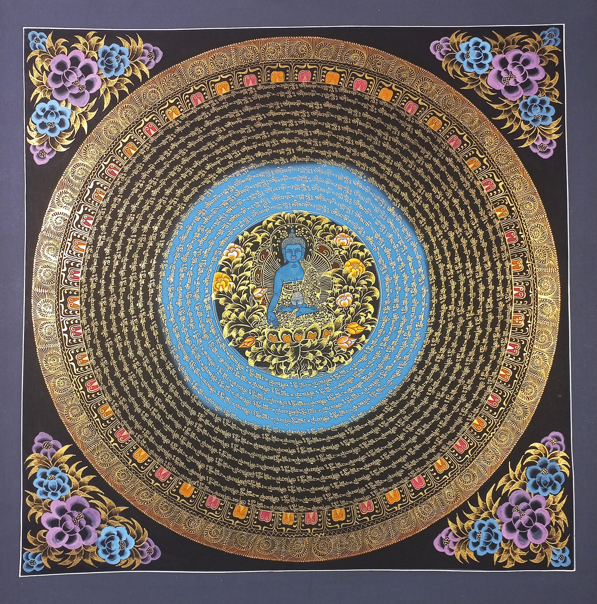 Medicine Buddha Mantra Mandala | Hand-Painted Fine Thangka | Sacred Buddhist Art from Nepal