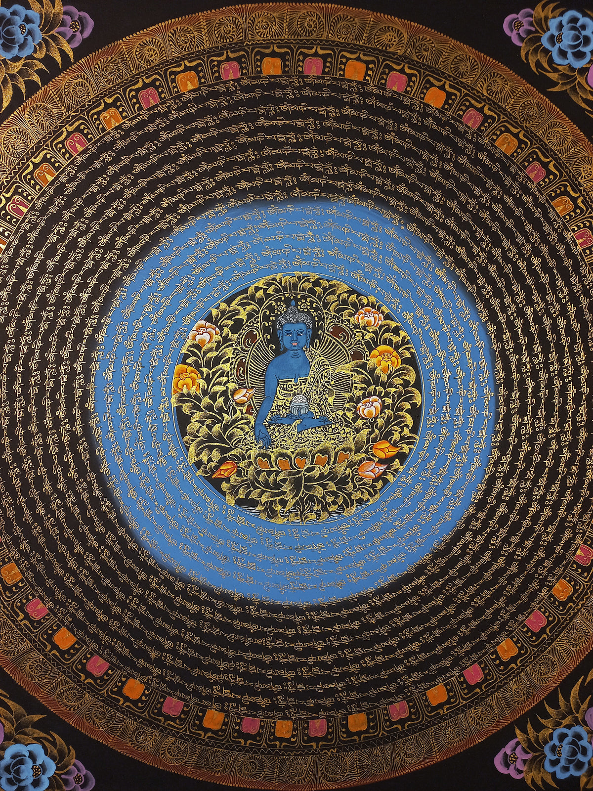Medicine Buddha Mantra Mandala | Hand-Painted Fine Thangka | Sacred Buddhist Art from Nepal