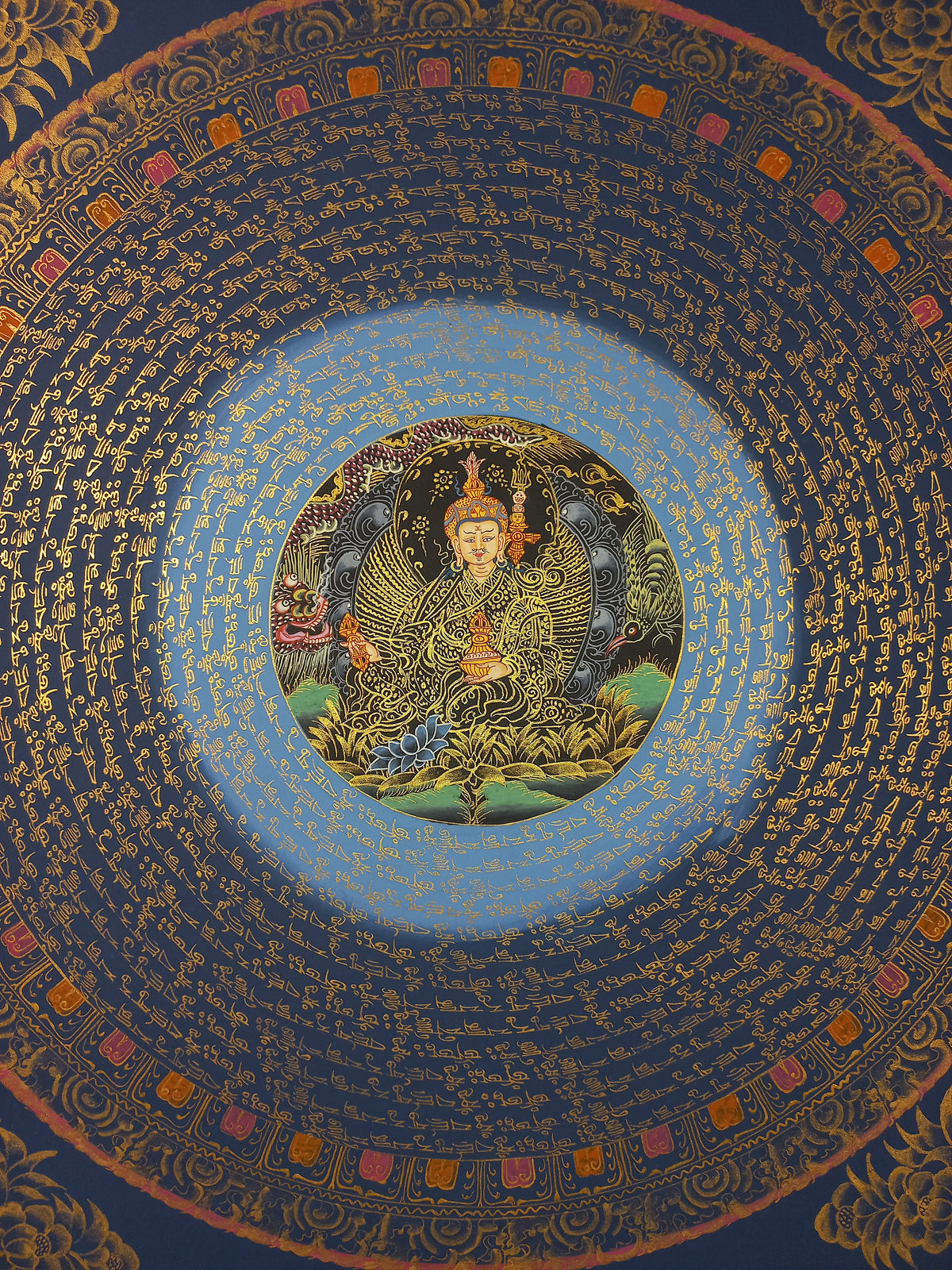 Guru Rinponche Mantra Mandala | Hand-Painted Fine Thangka | Sacred Buddhist Art from Nepal