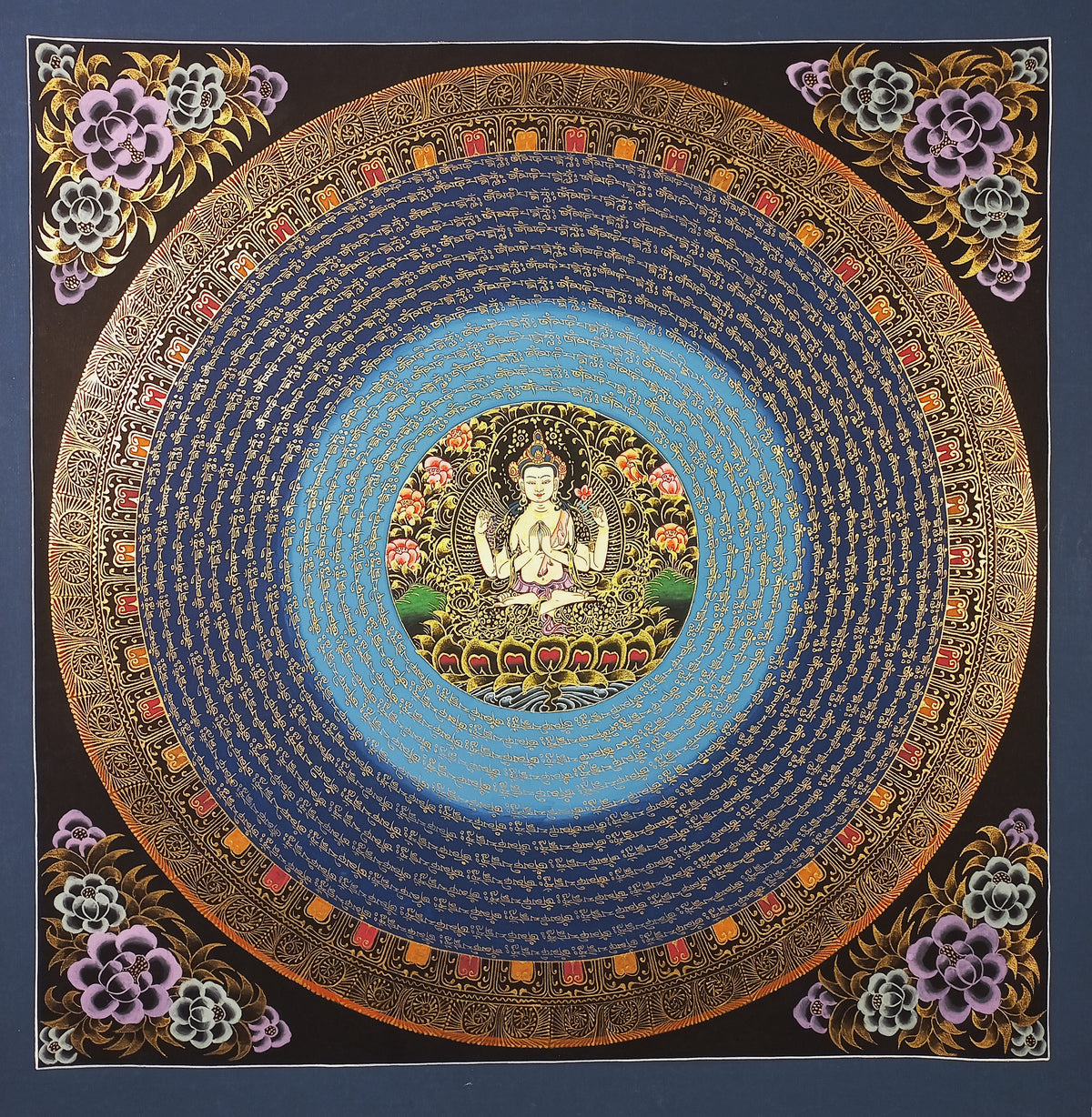 Chenrezig Mantra Mandala | Hand-Painted Fine Thangka | Sacred Buddhist Art from Nepal