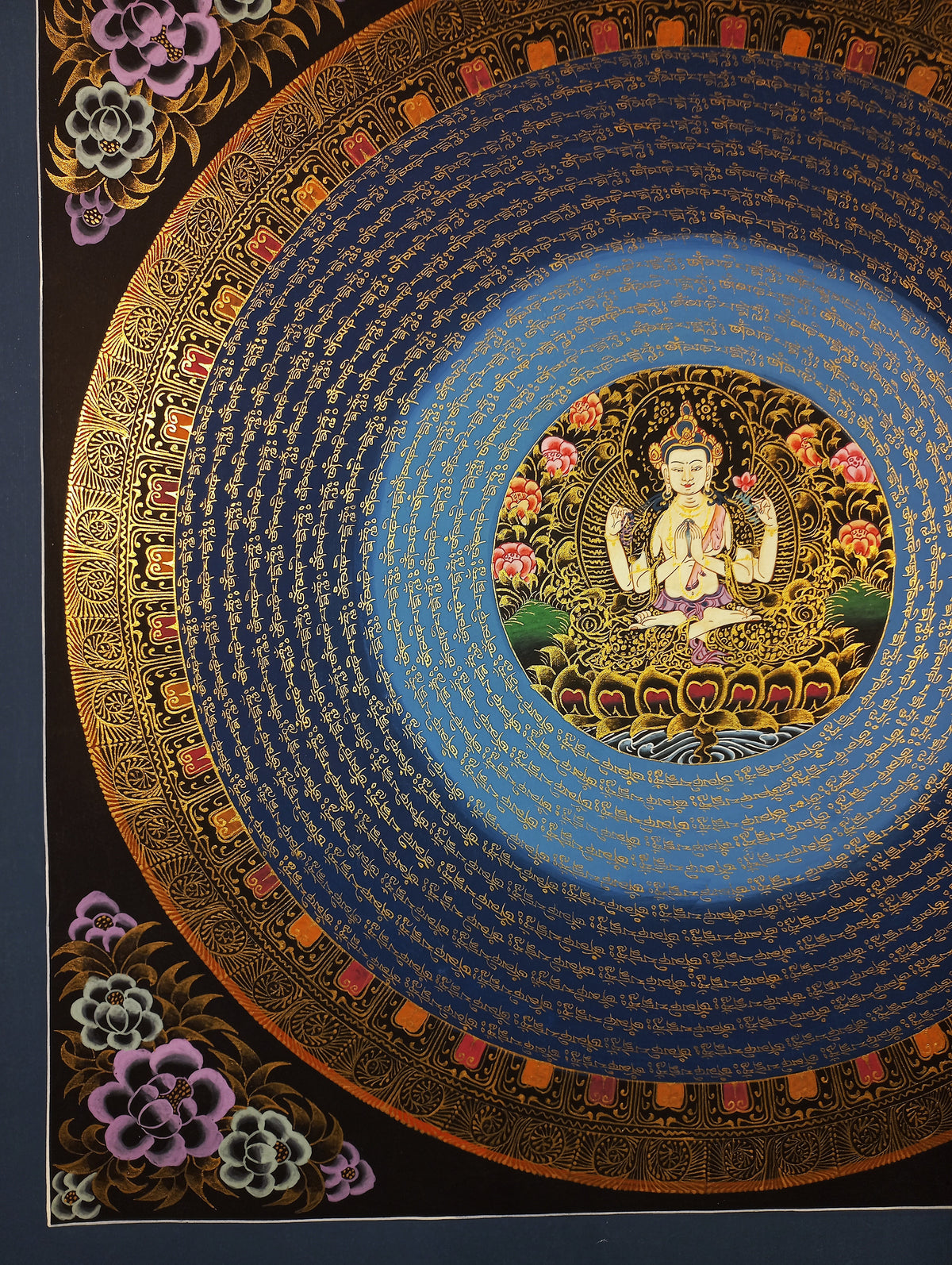 Chenrezig Mantra Mandala | Hand-Painted Fine Thangka | Sacred Buddhist Art from Nepal