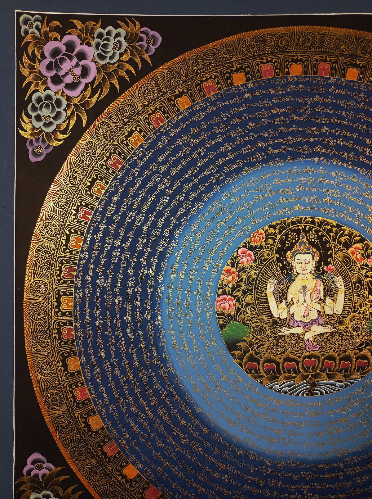 Chenrezig Mantra Mandala | Hand-Painted Fine Thangka | Sacred Buddhist Art from Nepal