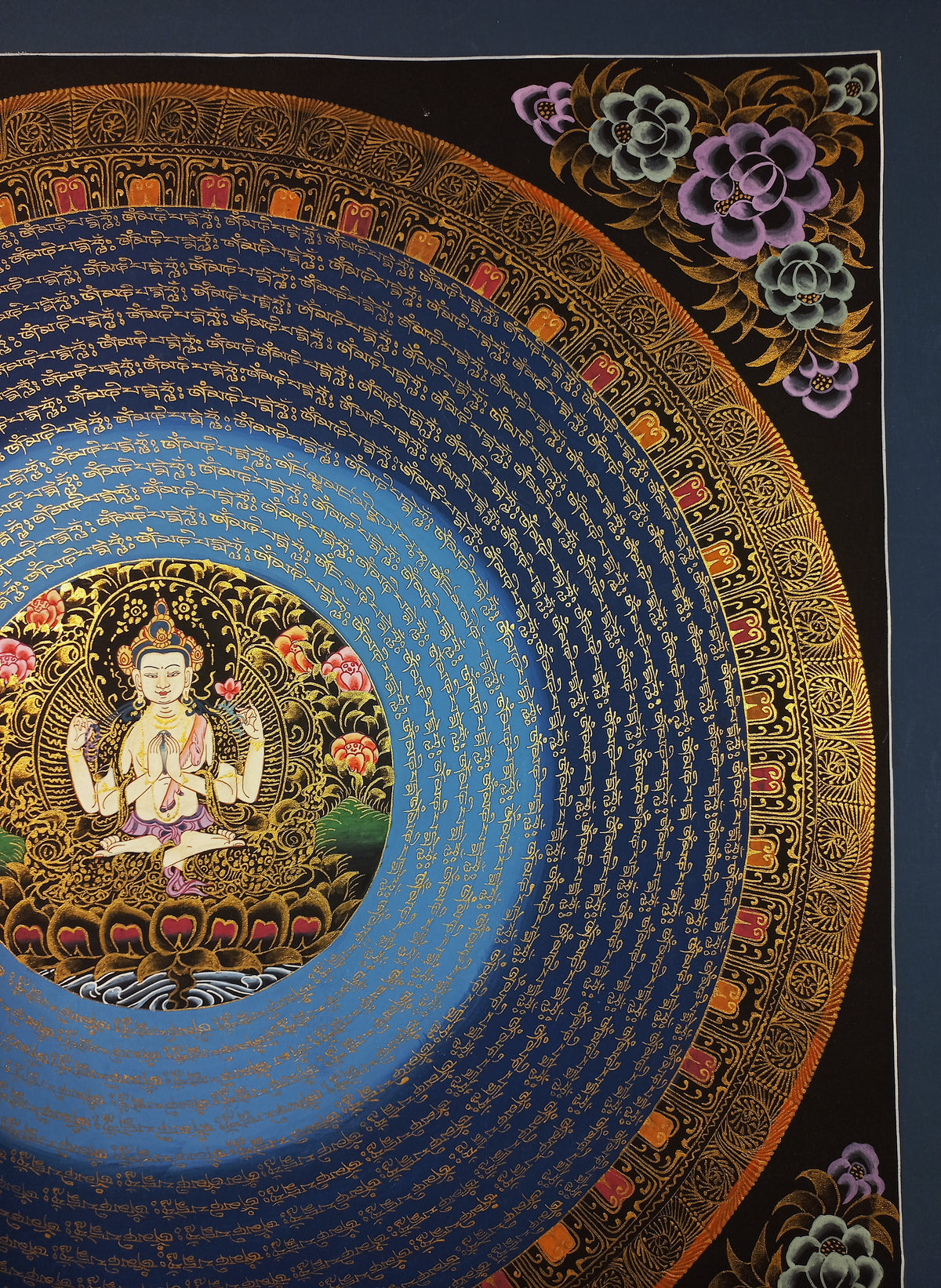 Chenrezig Mantra Mandala | Hand-Painted Fine Thangka | Sacred Buddhist Art from Nepal