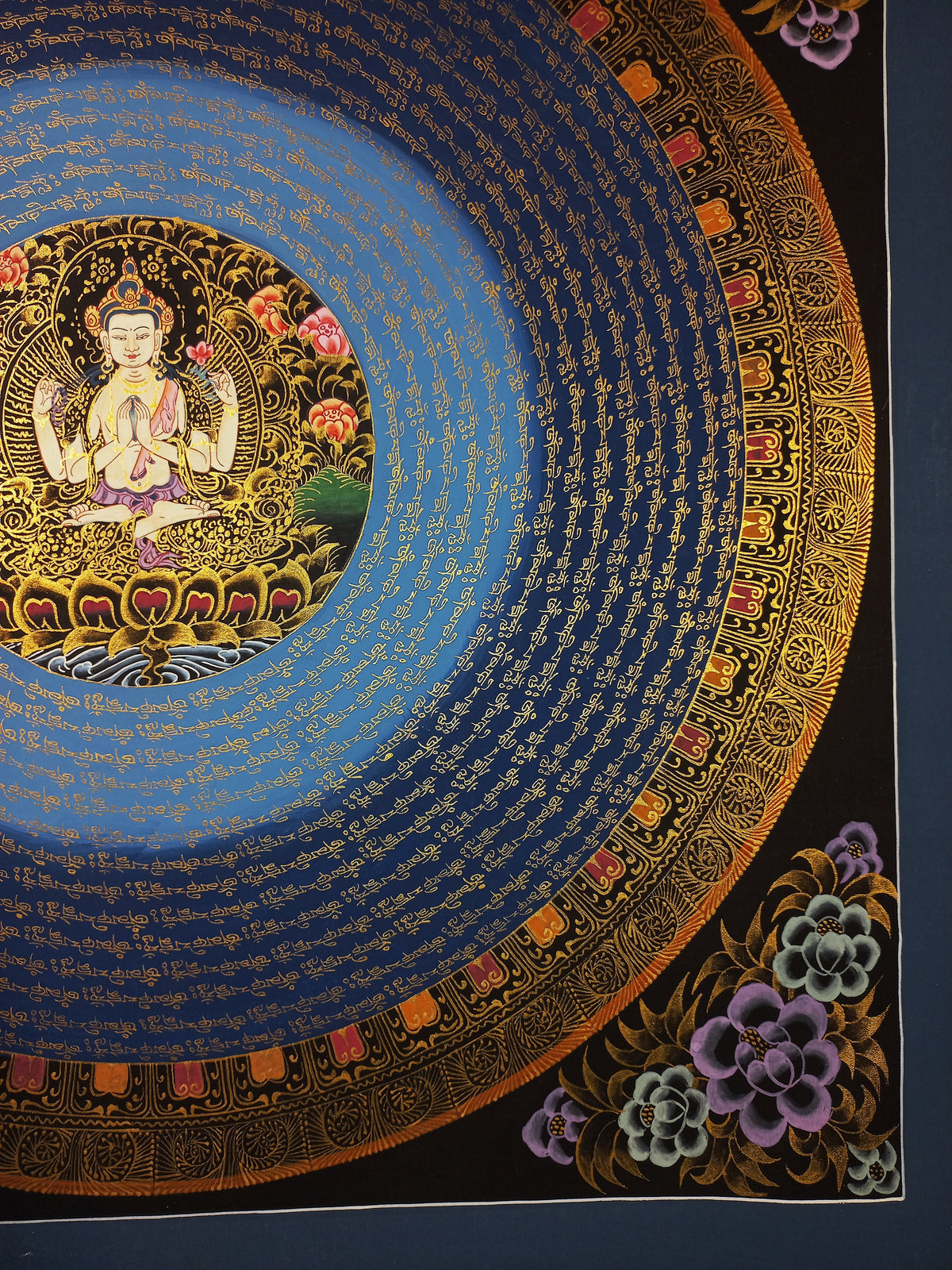 Chenrezig Mantra Mandala | Hand-Painted Fine Thangka | Sacred Buddhist Art from Nepal