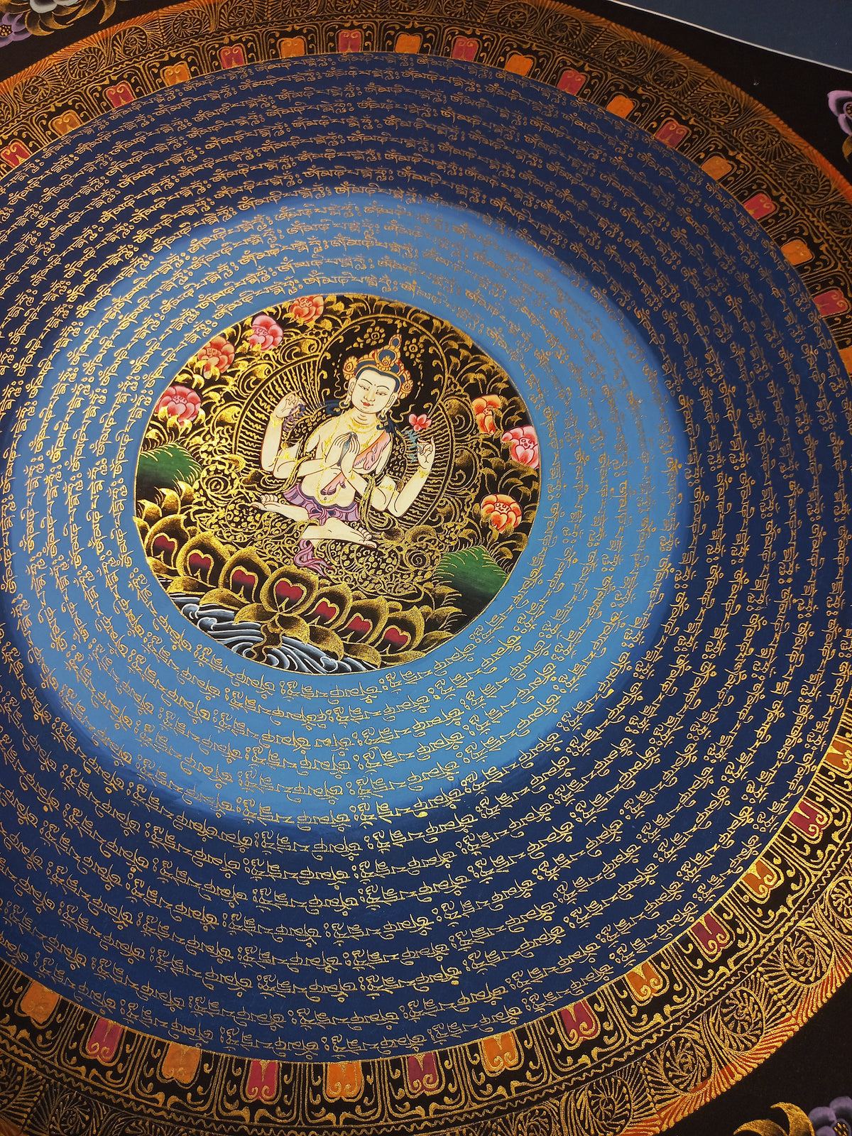 Chenrezig Mantra Mandala | Hand-Painted Fine Thangka | Sacred Buddhist Art from Nepal