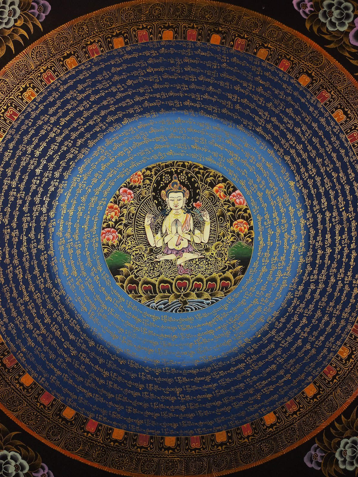 Chenrezig Mantra Mandala | Hand-Painted Fine Thangka | Sacred Buddhist Art from Nepal