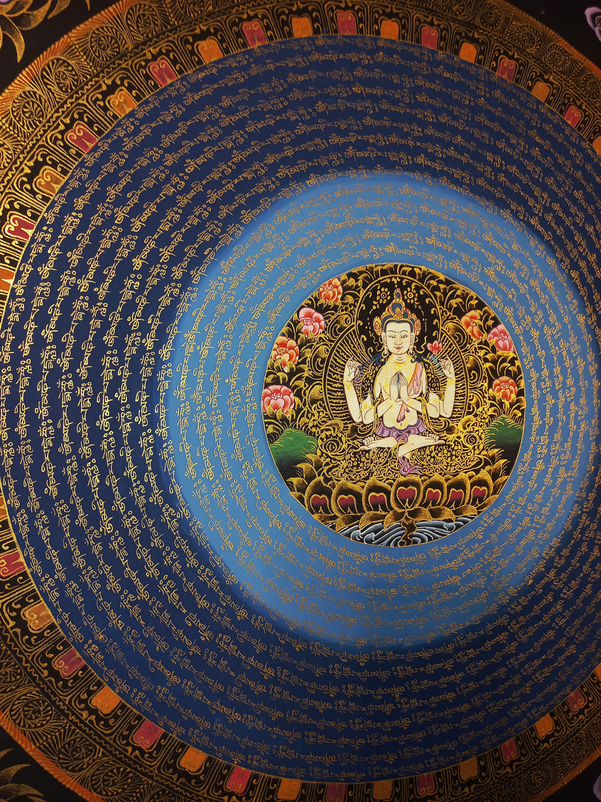 Chenrezig Mantra Mandala | Hand-Painted Fine Thangka | Sacred Buddhist Art from Nepal