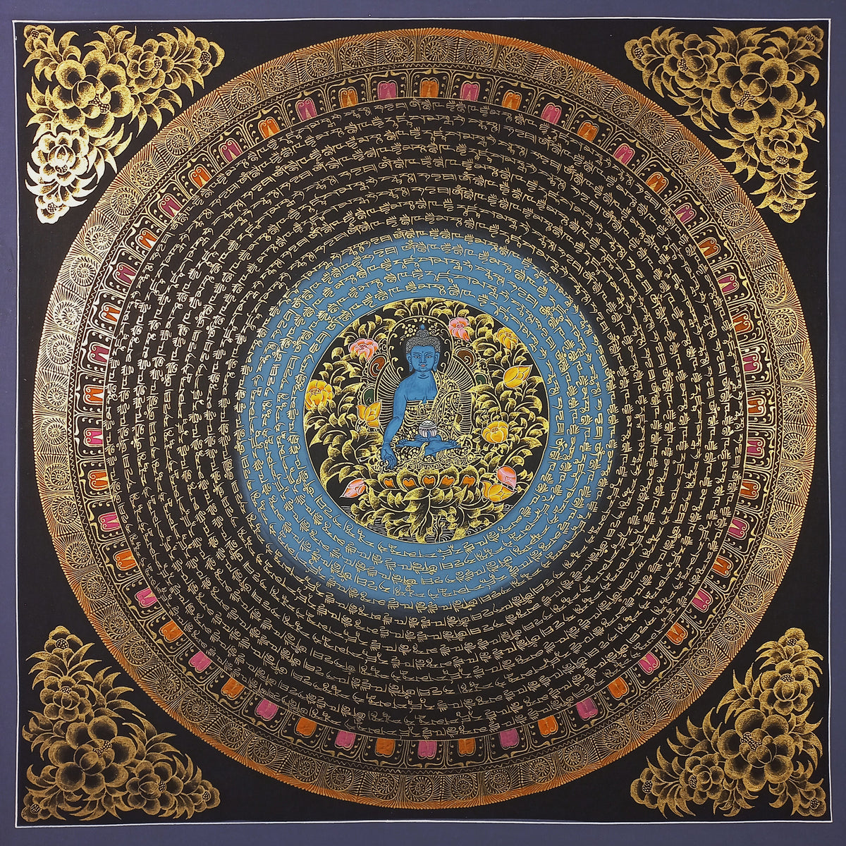 Medicine Buddha Mantra Mandala | Hand-Painted Fine Thangka | Sacred Buddhist Art from Nepal