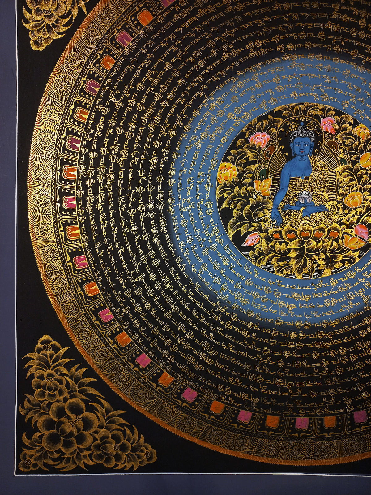 Medicine Buddha Mantra Mandala | Hand-Painted Fine Thangka | Sacred Buddhist Art from Nepal