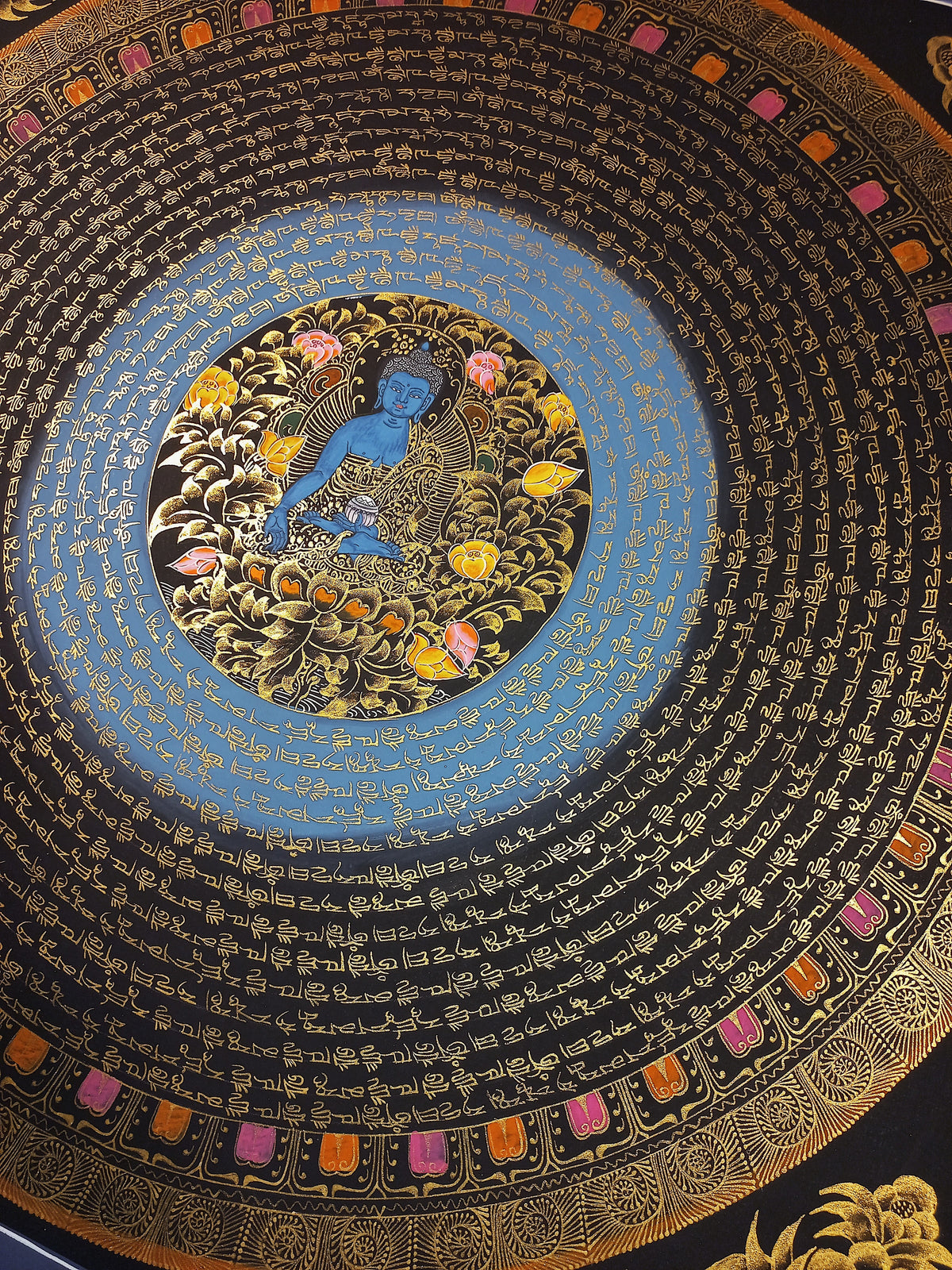 Medicine Buddha Mantra Mandala | Hand-Painted Fine Thangka | Sacred Buddhist Art from Nepal