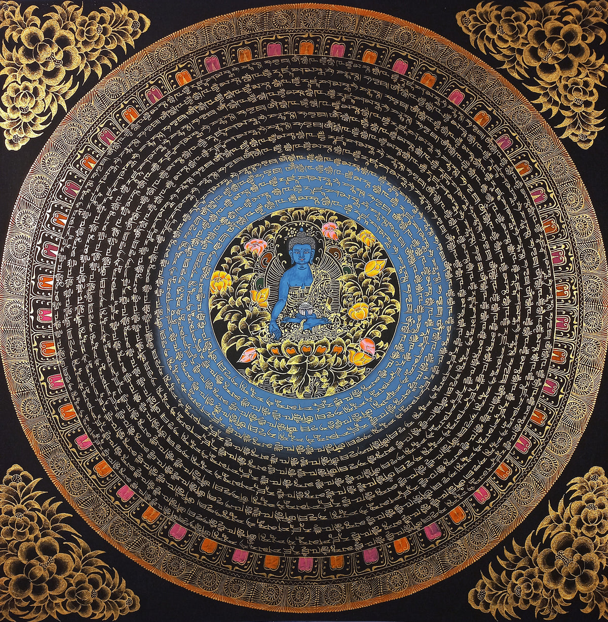 Medicine Buddha Mantra Mandala | Hand-Painted Fine Thangka | Sacred Buddhist Art from Nepal
