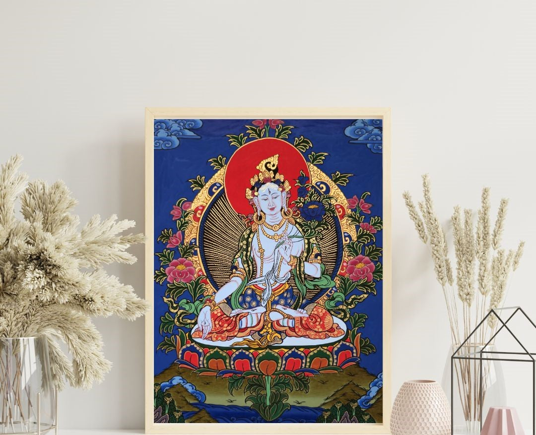 White Tara Thangka – Hand-Painted Tibetan Buddhist Art | Compassion, Longevity & Peace Wall Decor