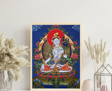 White Tara Thangka – Hand-Painted Tibetan Buddhist Art | Compassion, Longevity & Peace Wall Decor
