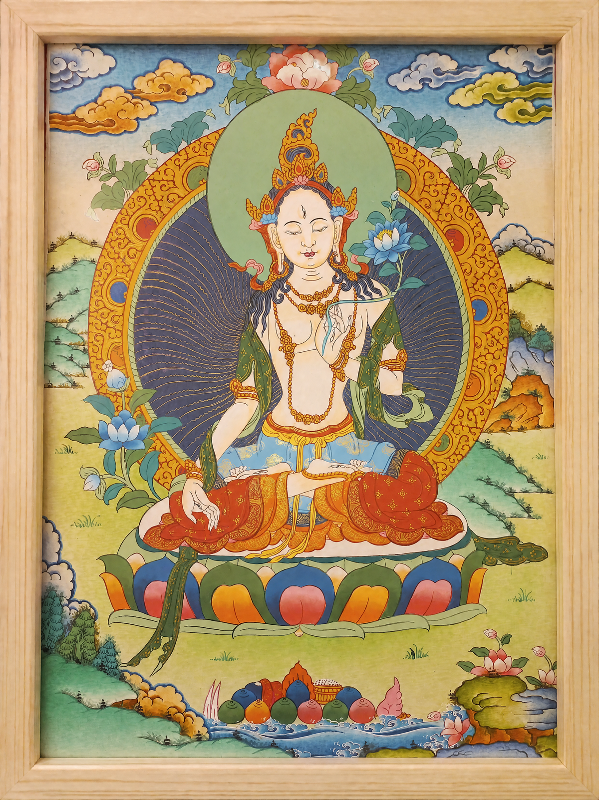 White Tara Thangka – Hand-Painted Tibetan Buddhist Art | Compassion, Longevity & Peace Wall Decor