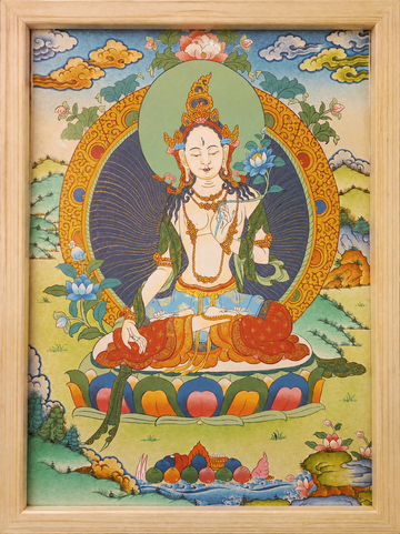 White Tara Thangka – Hand-Painted Tibetan Buddhist Art | Compassion, Longevity & Peace Wall Decor
