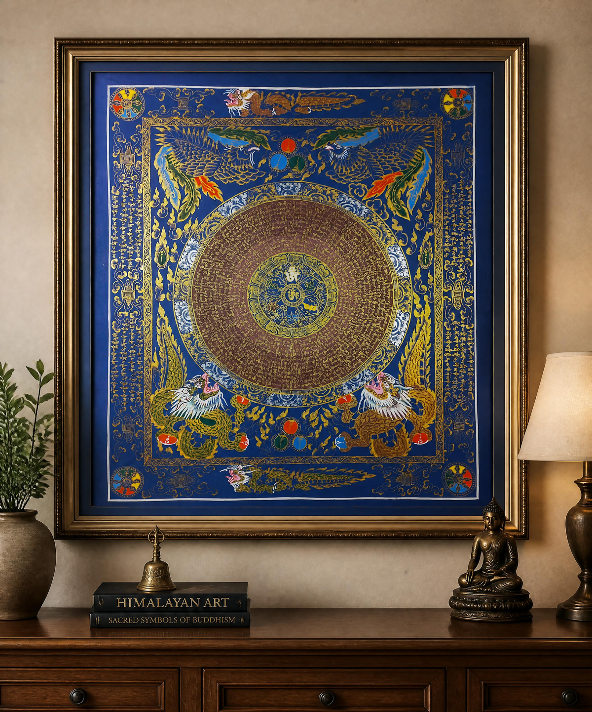 Hand-Painted Om Mantra Mandala Thangka with Dragon Surrounding Design | Traditional Buddhist Art from Nepal
